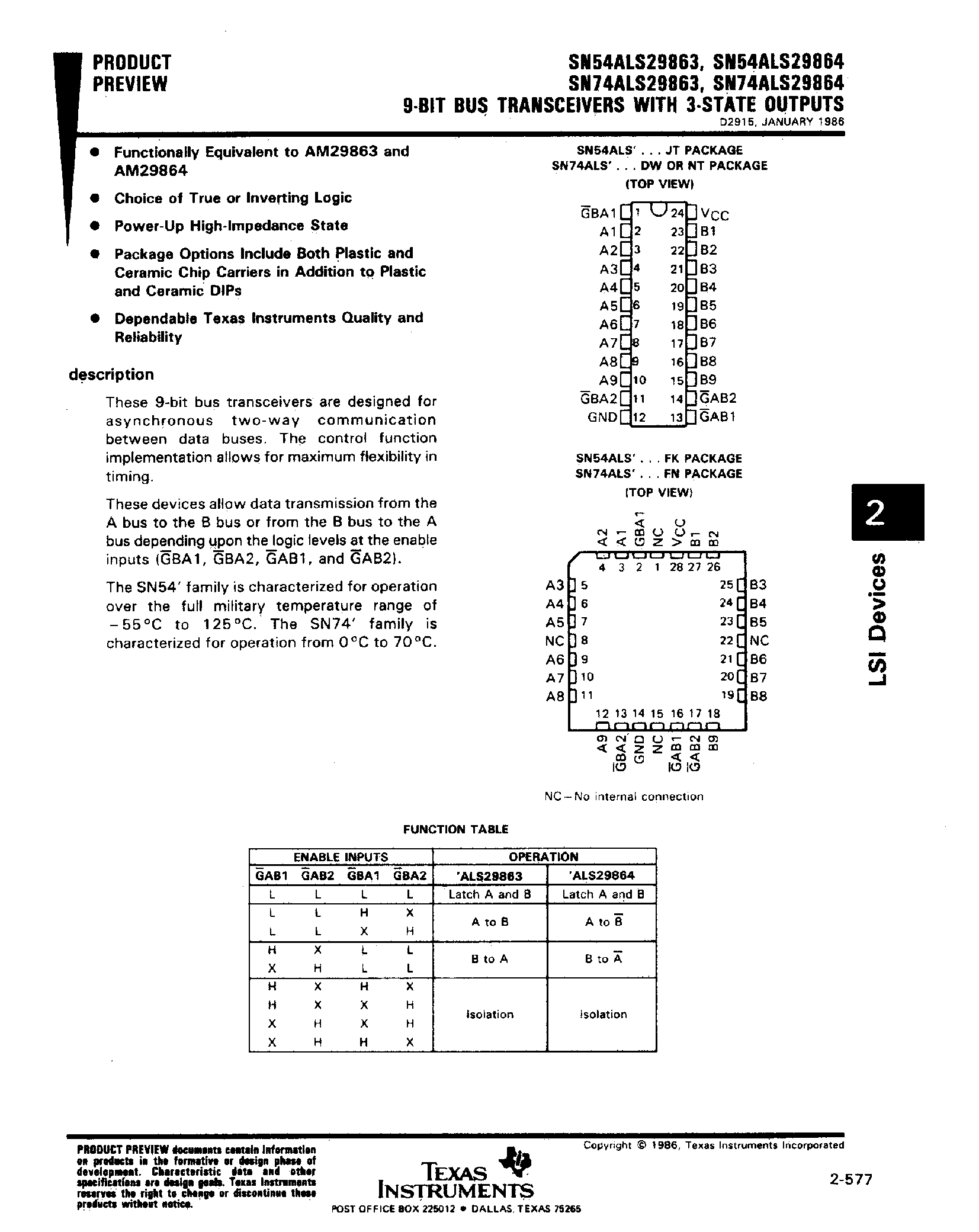 Datasheet SN74ALS29864 - (SN74ALS29863) 9 Nit Bus Transceivers with 3 State Outputs page 1