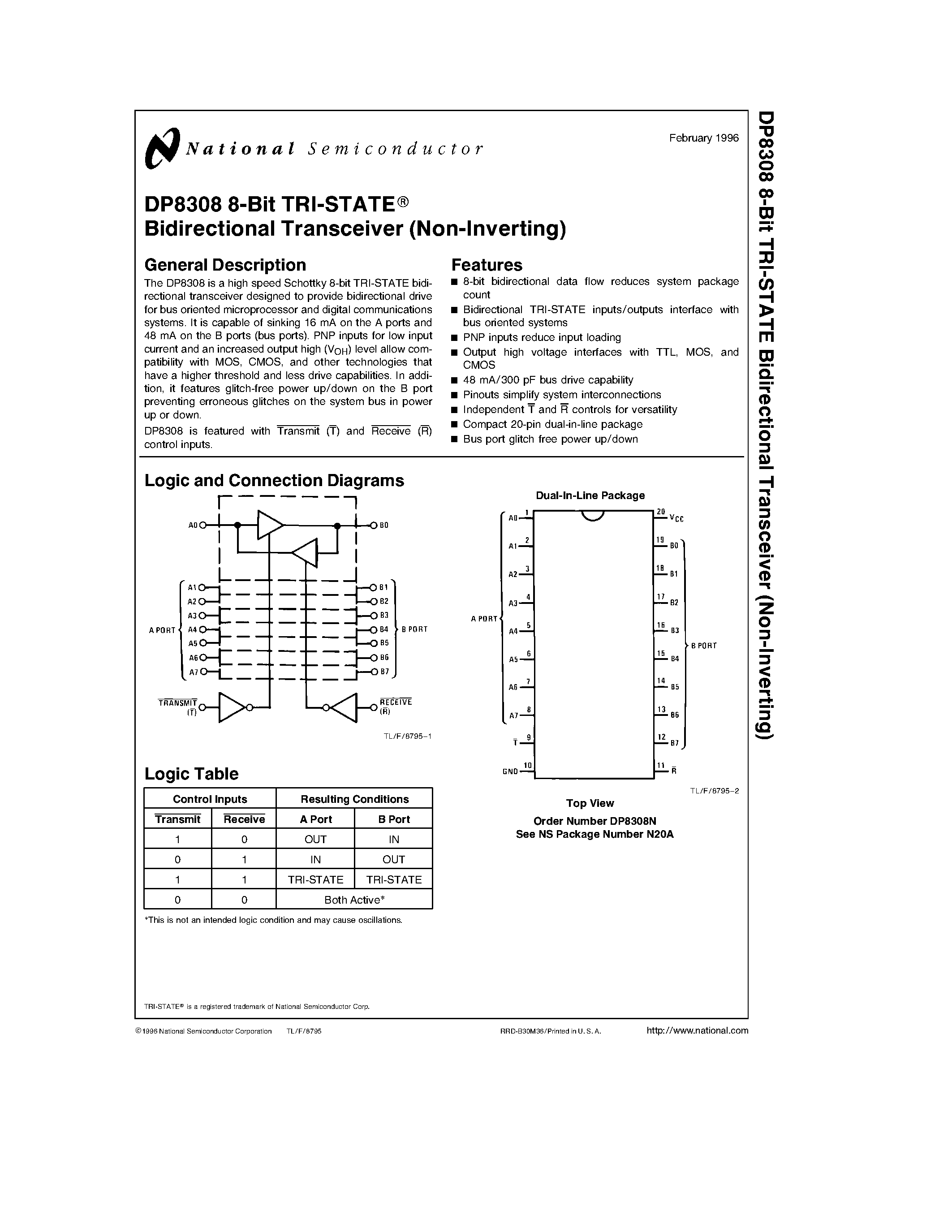 Datasheet DP8308 - 8-Bit TRI-STATE Bidirectional Transceiver page 1