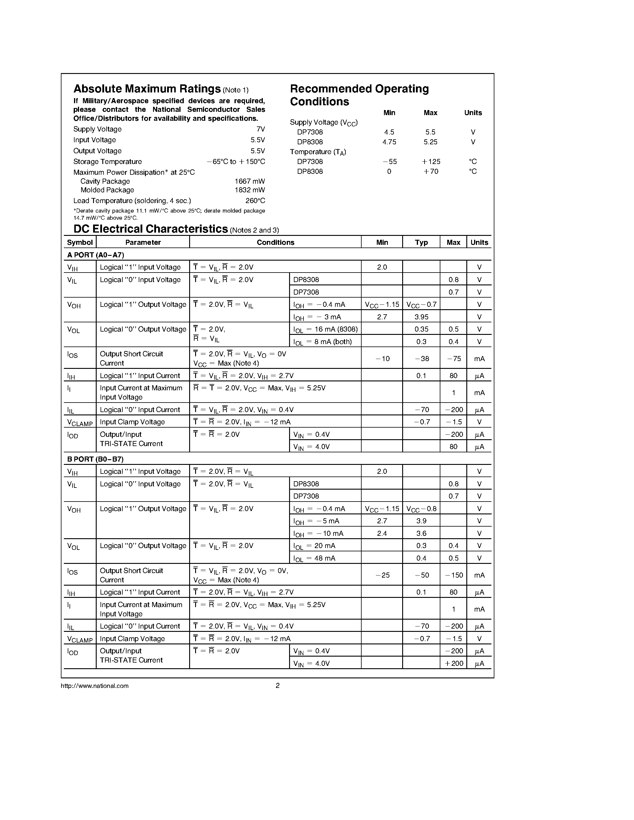 Datasheet DP8308 - 8-Bit TRI-STATE Bidirectional Transceiver page 2
