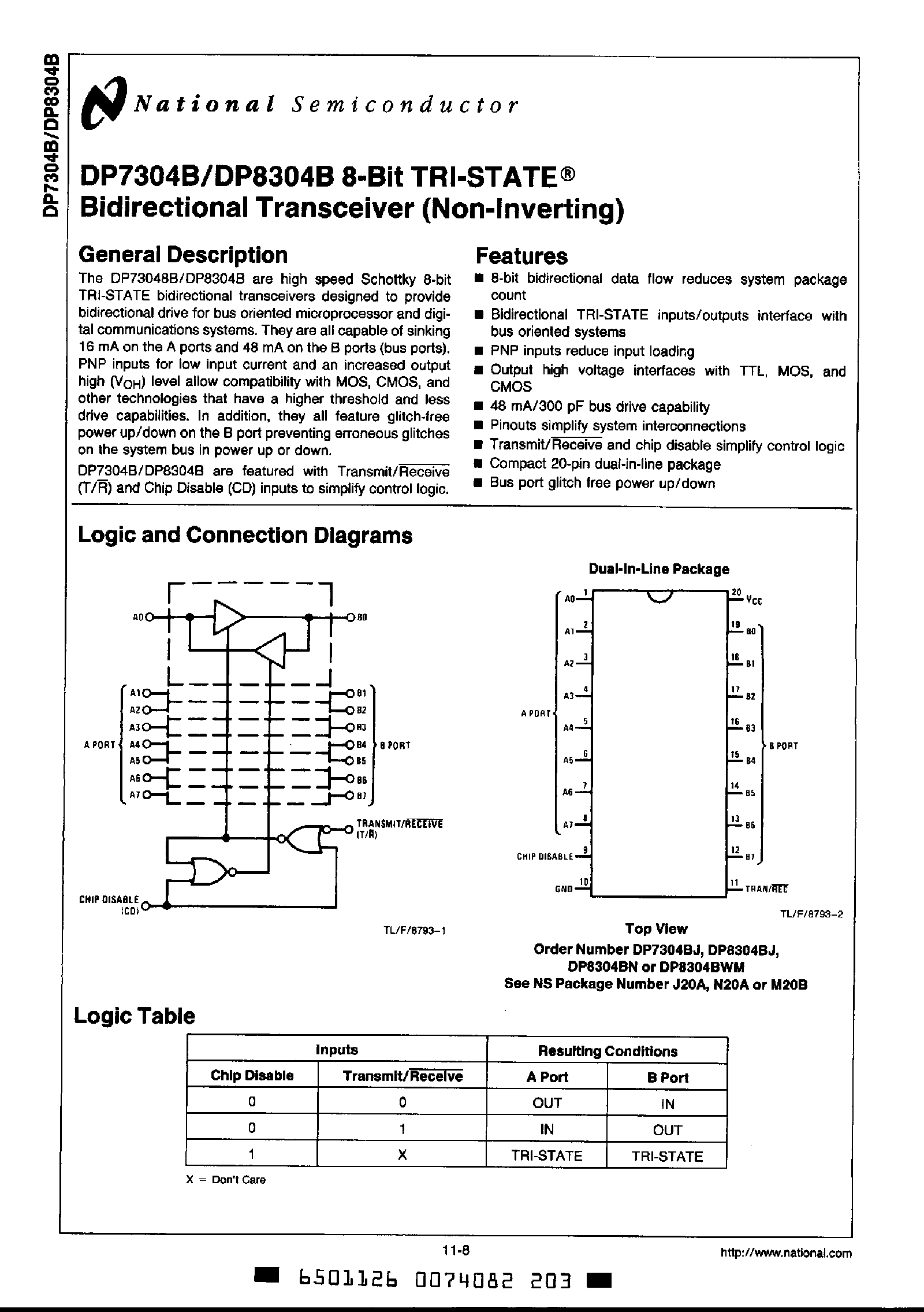 Datasheet DP8304B - 8 BIT TRI-STATE BIDIRECTIONAL TRANSCEIVER page 1