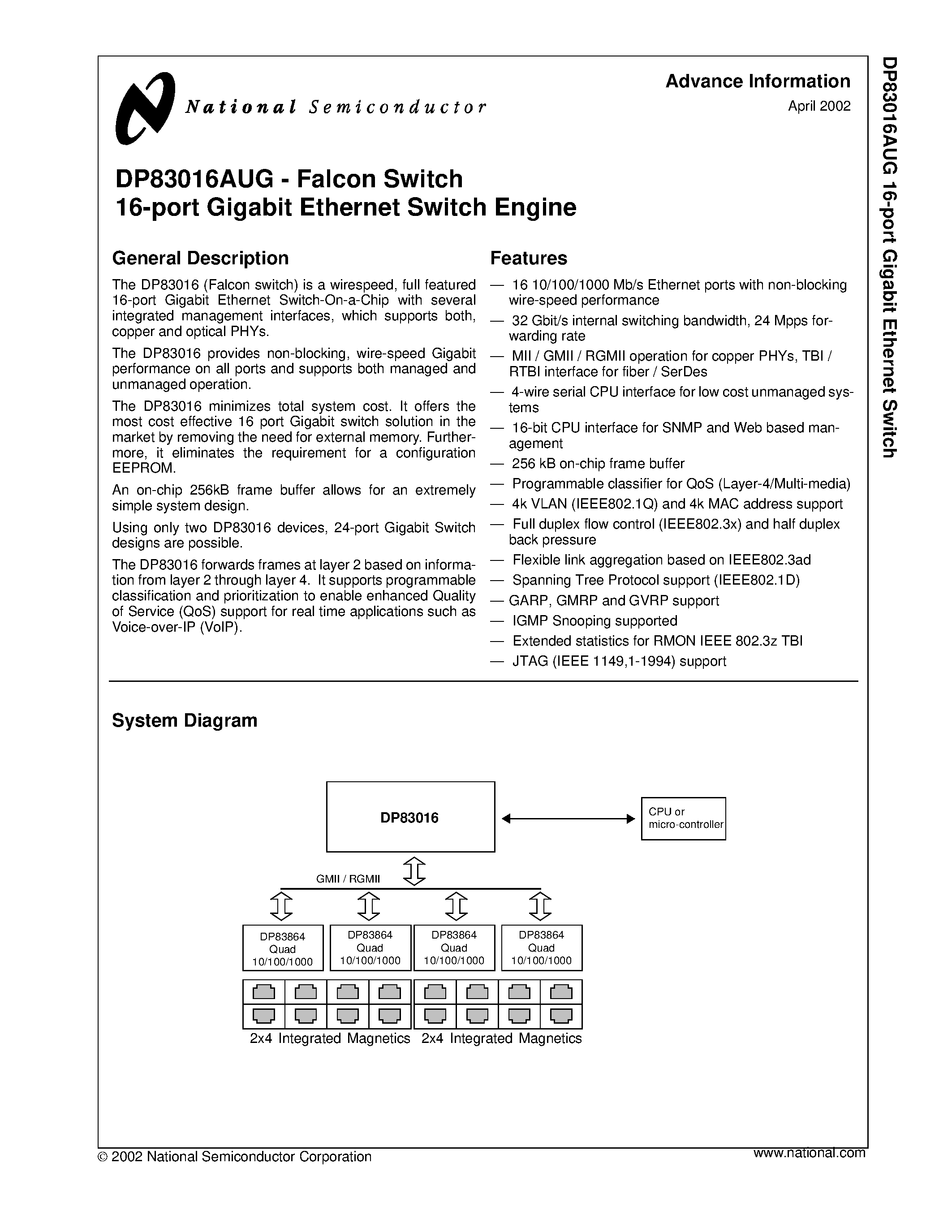 Даташит на микросхему DP83016AUG страница 1 Даташит DP83016AUG - Falcon Switch 16-port Gigabit Ethernet Switch Engine страница 1