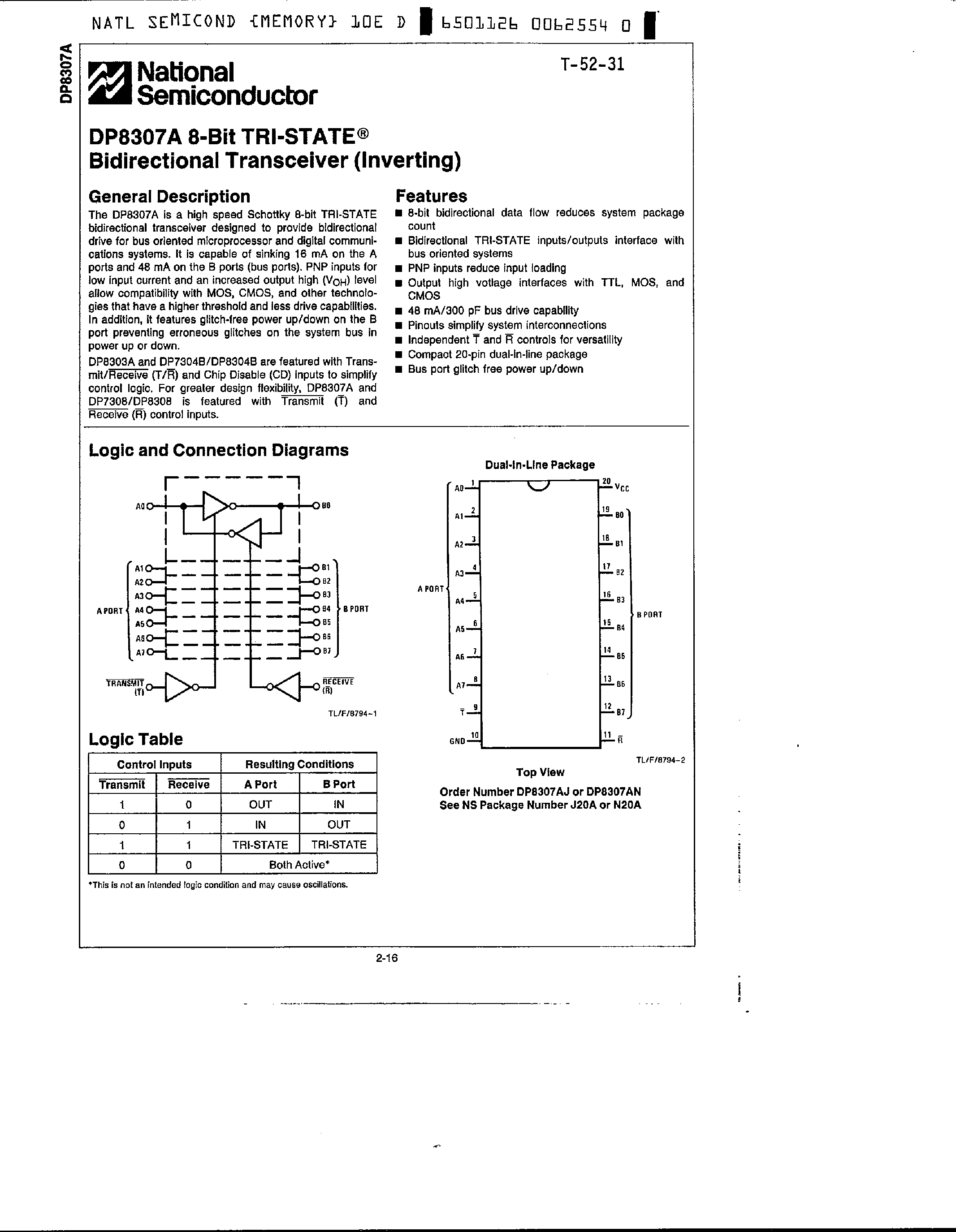 Datasheet DP8307A - 8 Bit Tri-State Bidirectional Transceiver page 1
