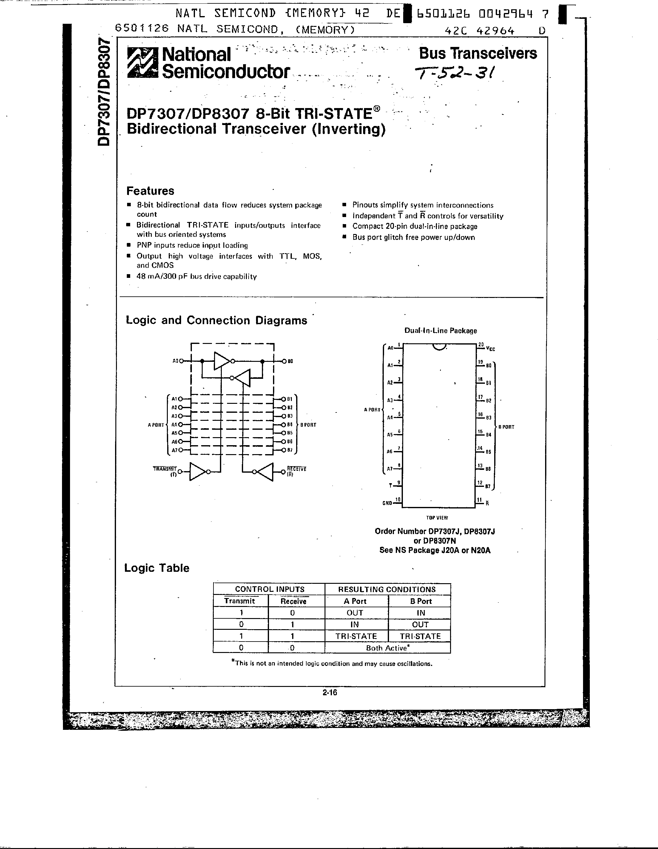 Datasheet DP8307 - 8 Bit Tri-State Bidirectional Transceiver page 1