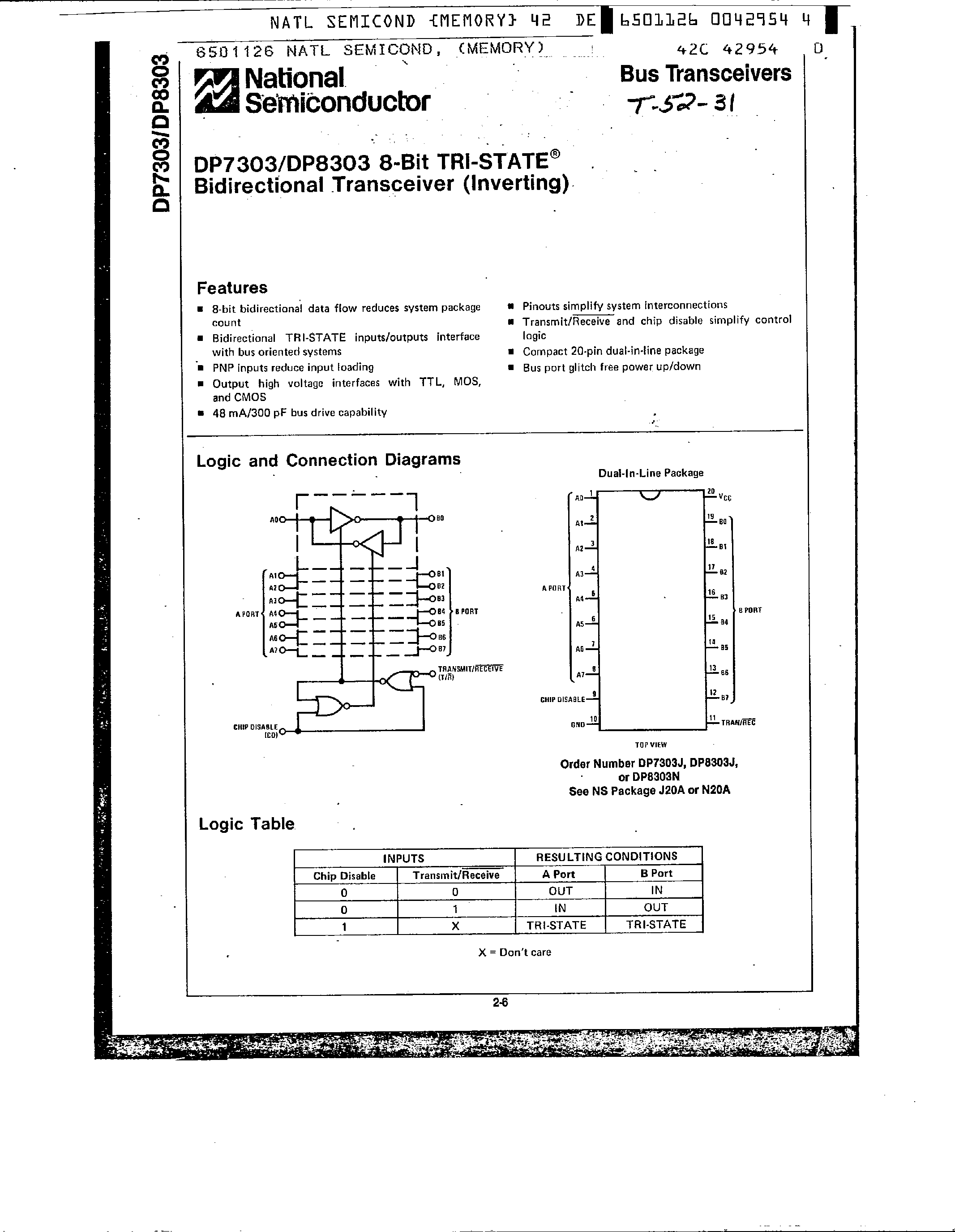 Datasheet DP8303 - 8 Bit Tri-State Bidirectional Transceiver page 1
