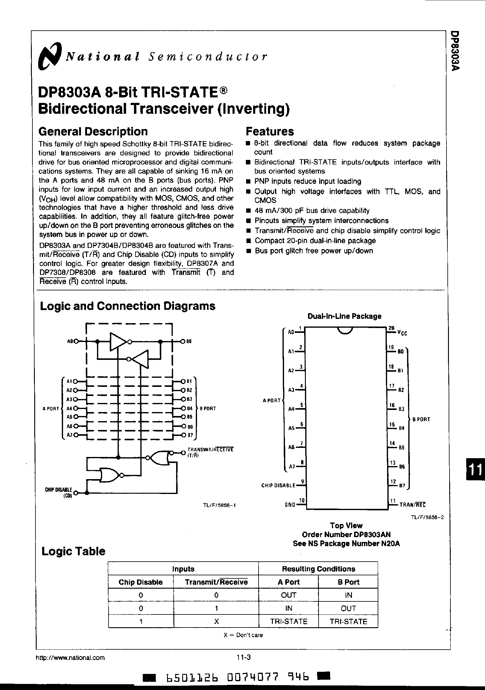 Datasheet DP8303A - 8 Bit Tri-State Bidirectional Transceiver page 1