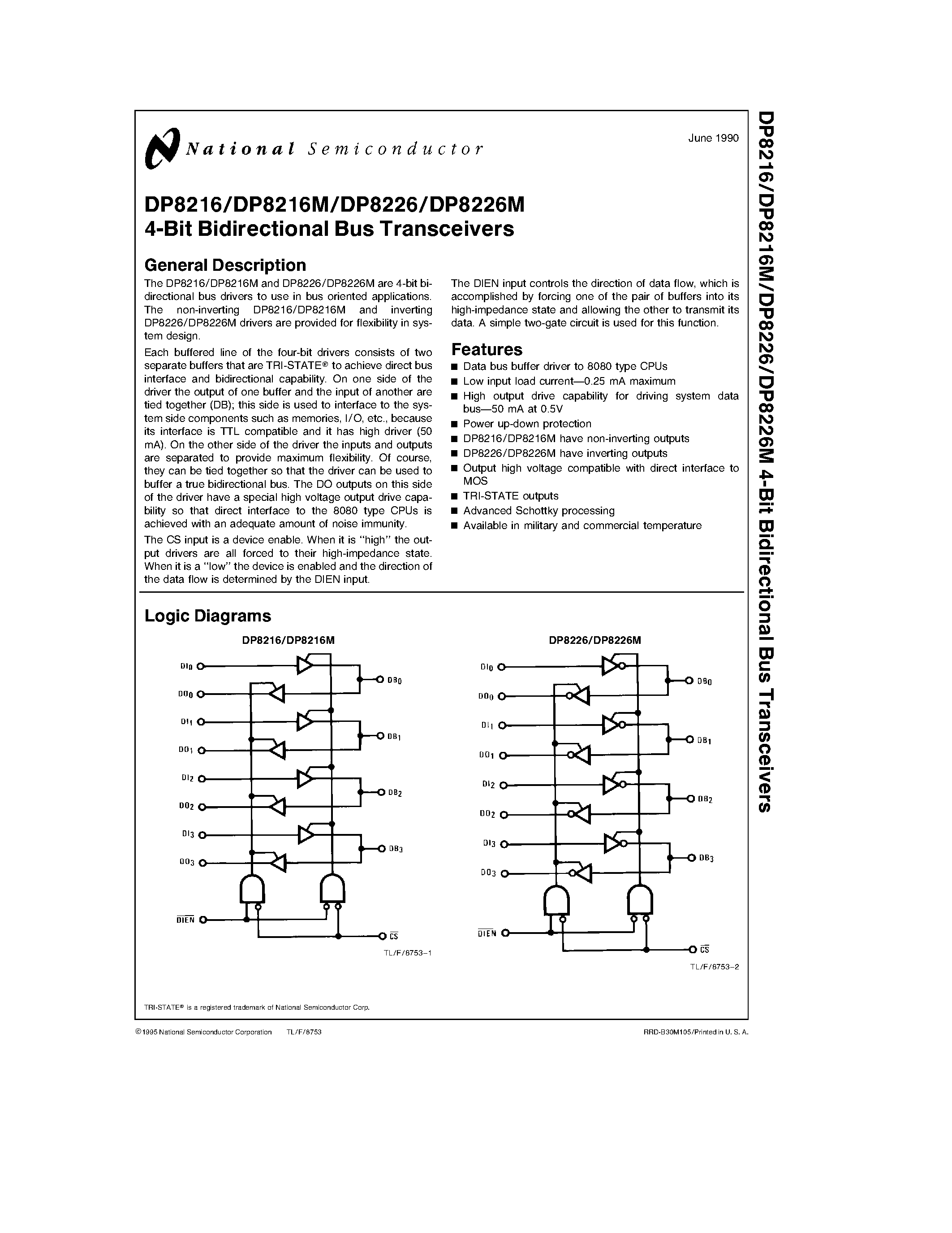 Datasheet DP8226 page 1 Datasheet DP8226 - 4-Bit Bidirectional Bus Transceivers page 1