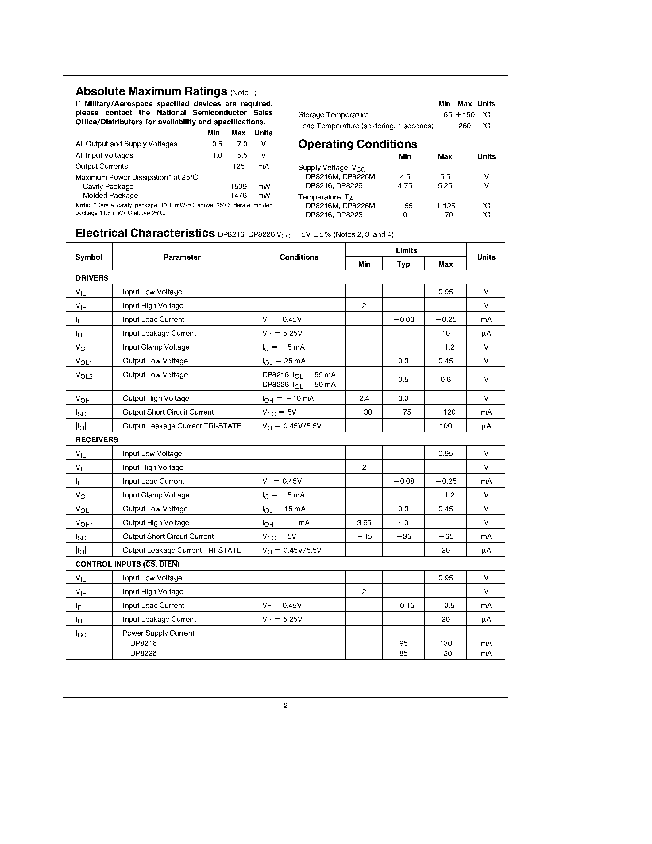 Datasheet DP8216 page 2 Datasheet DP8216 - 4-Bit Bidirectional Bus Transceivers page 2