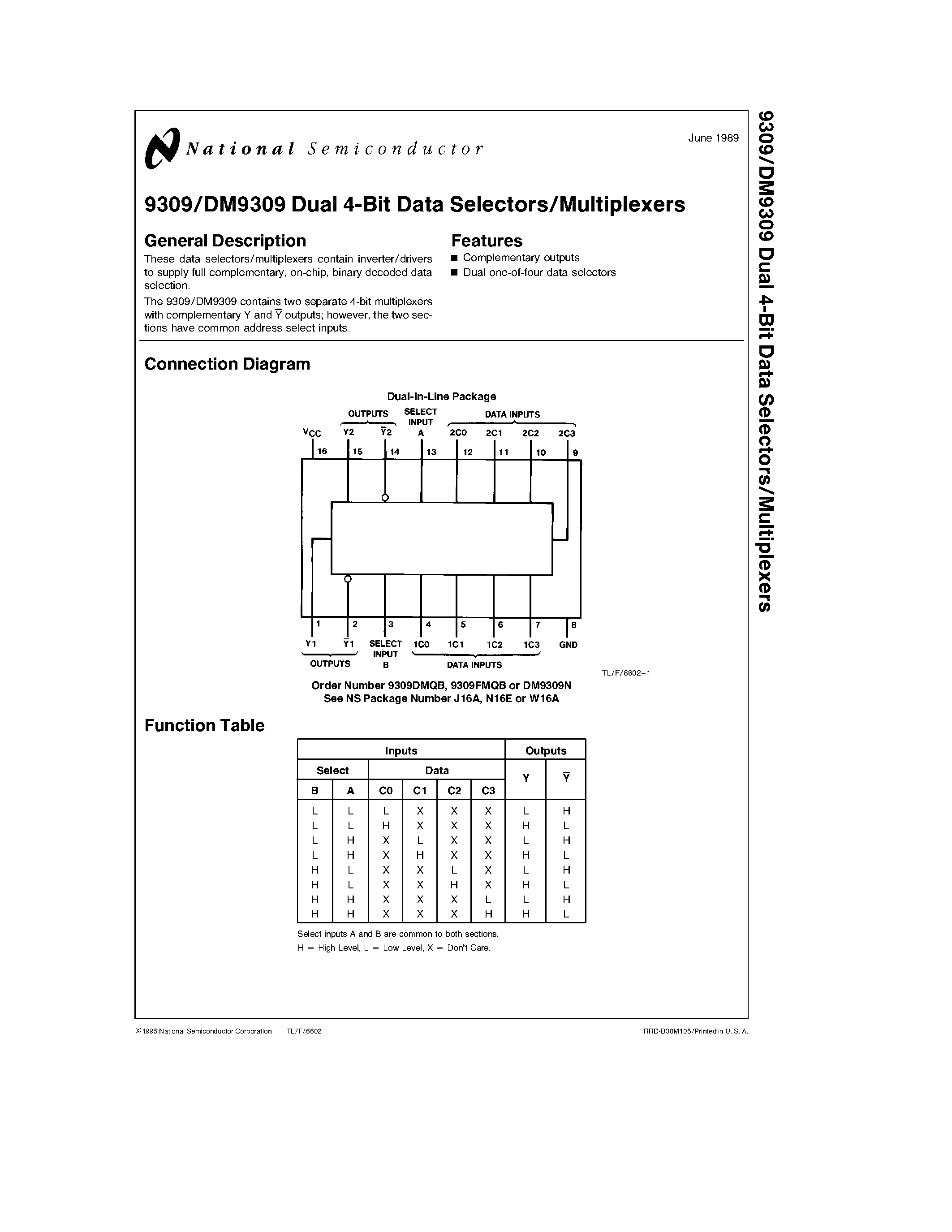 Datasheet DM9309 page 1 Datasheet DM9309 - Dual 4-Bit Data Selectors/Multiplexers page 1