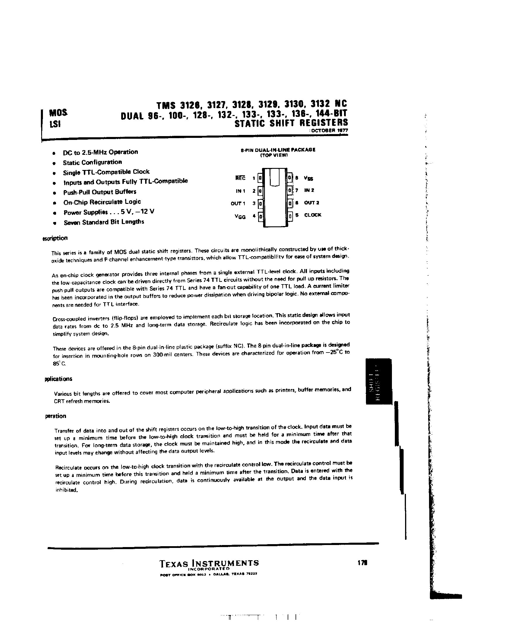 Datasheet TMS3126 page 1 Datasheet TMS3126 - Static Shift Registers page 1