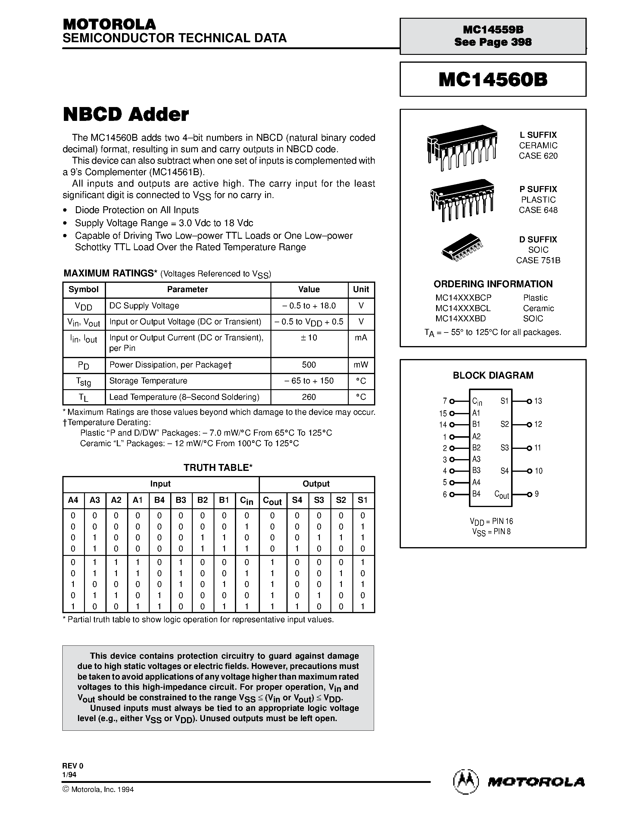 Datasheet MC14560B page 1 Datasheet MC14560B - NBCD Adder page 1
