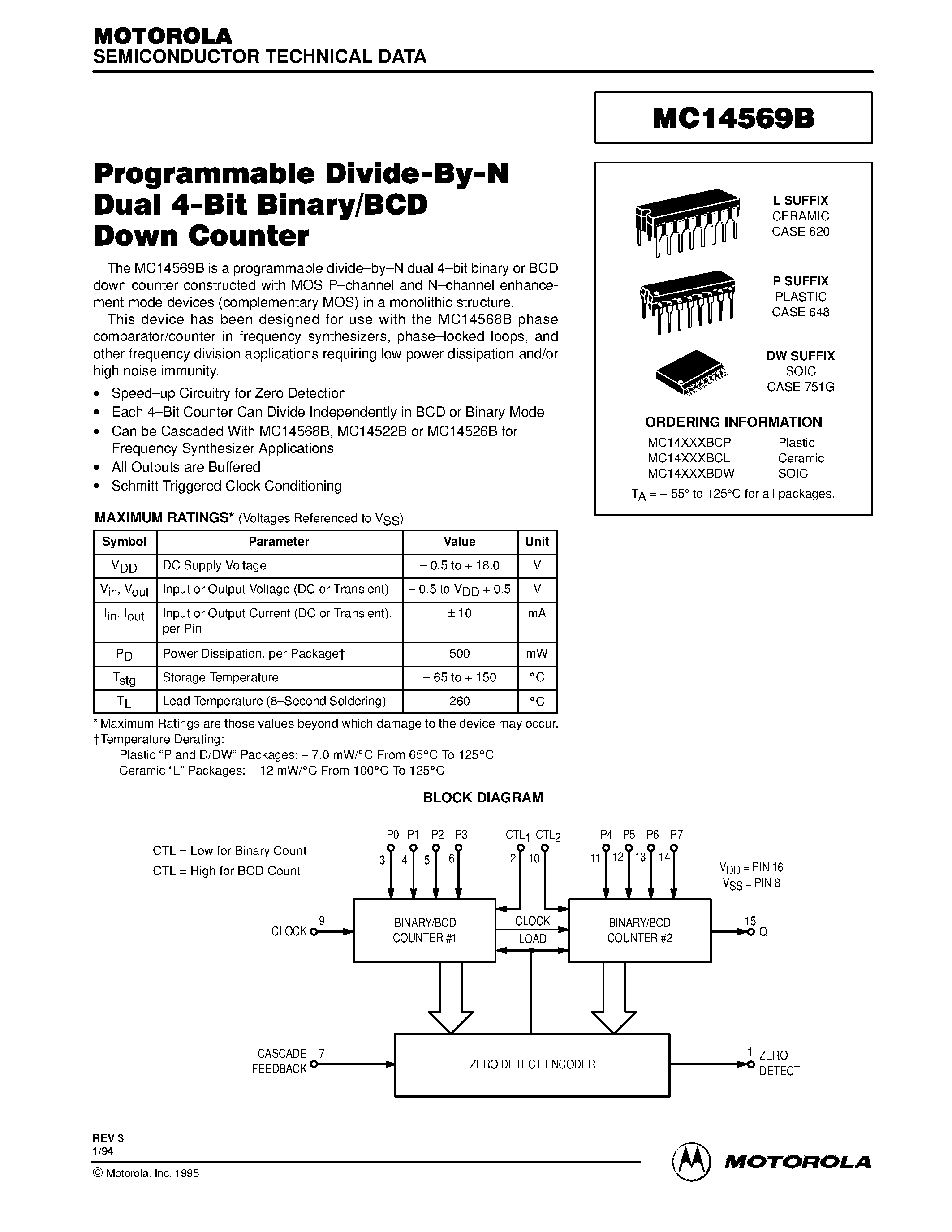 Datasheet MC14569B - Programmable Divide-By-N Dual 4-Bit Binary/BCD Down Counter page 1