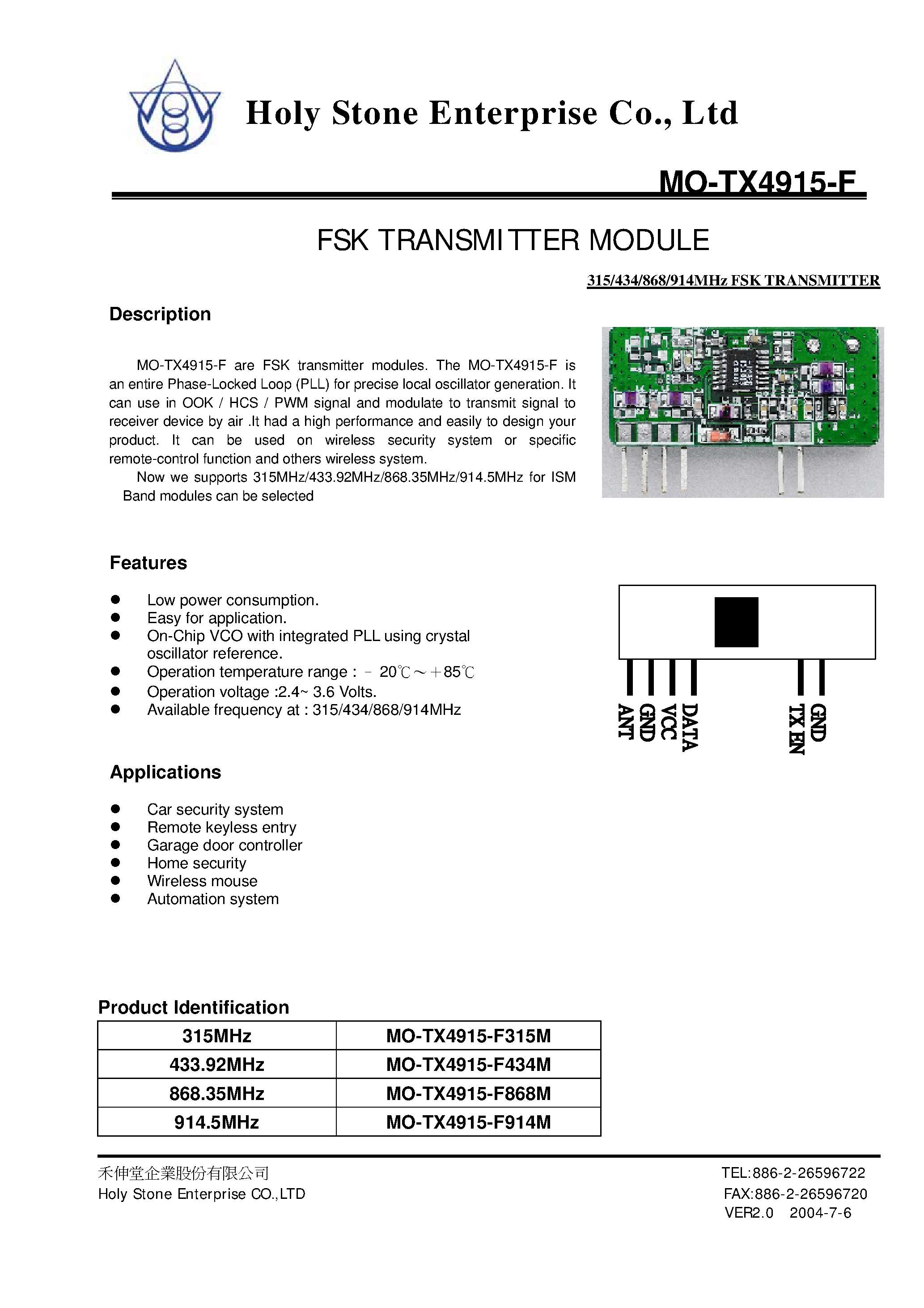 Даташит на микросхему MO-TX4915-F страница 1 Даташит MO-TX4915-F - FSK TRANSMITTER MODULE страница 1
