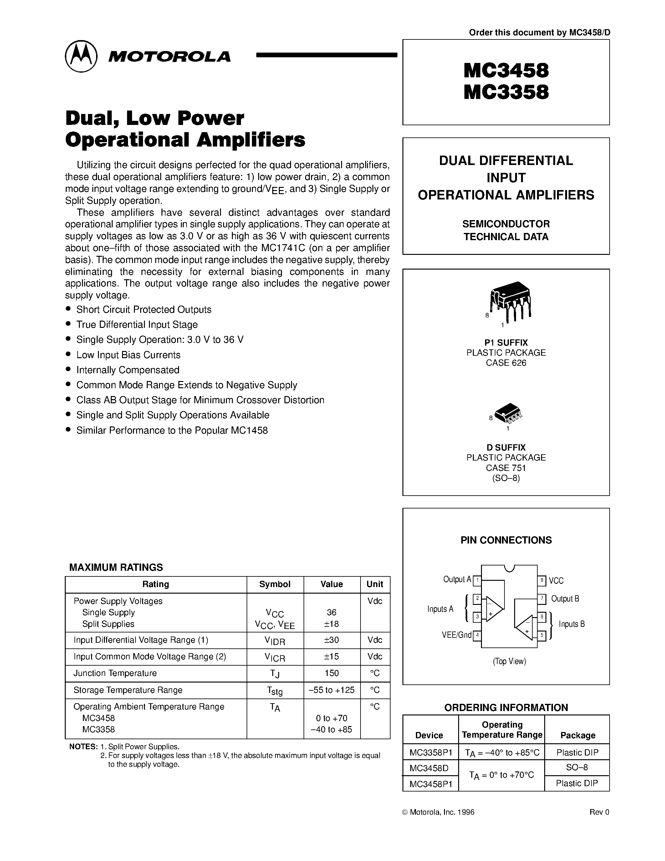 Datasheet MC3458 page 1 Datasheet MC3458 - DUAL DIFFERENTIAL INPUT OPERATIONAL AMPLIFIERS page 1
