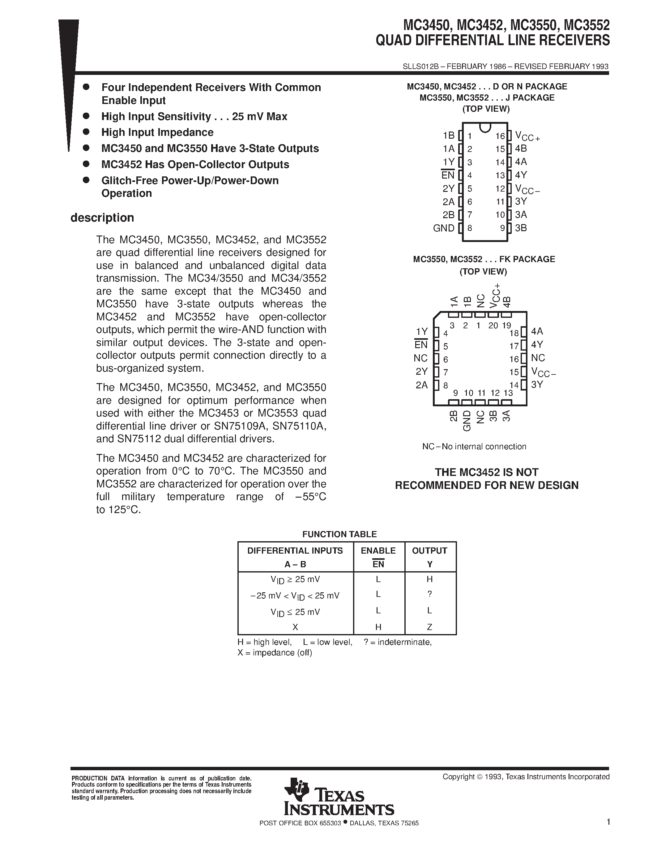 Datasheet MC3450 page 1 Datasheet MC3450 - (MC3452) QUAD DIFFERENTIAL LINE RECEIVERS page 1
