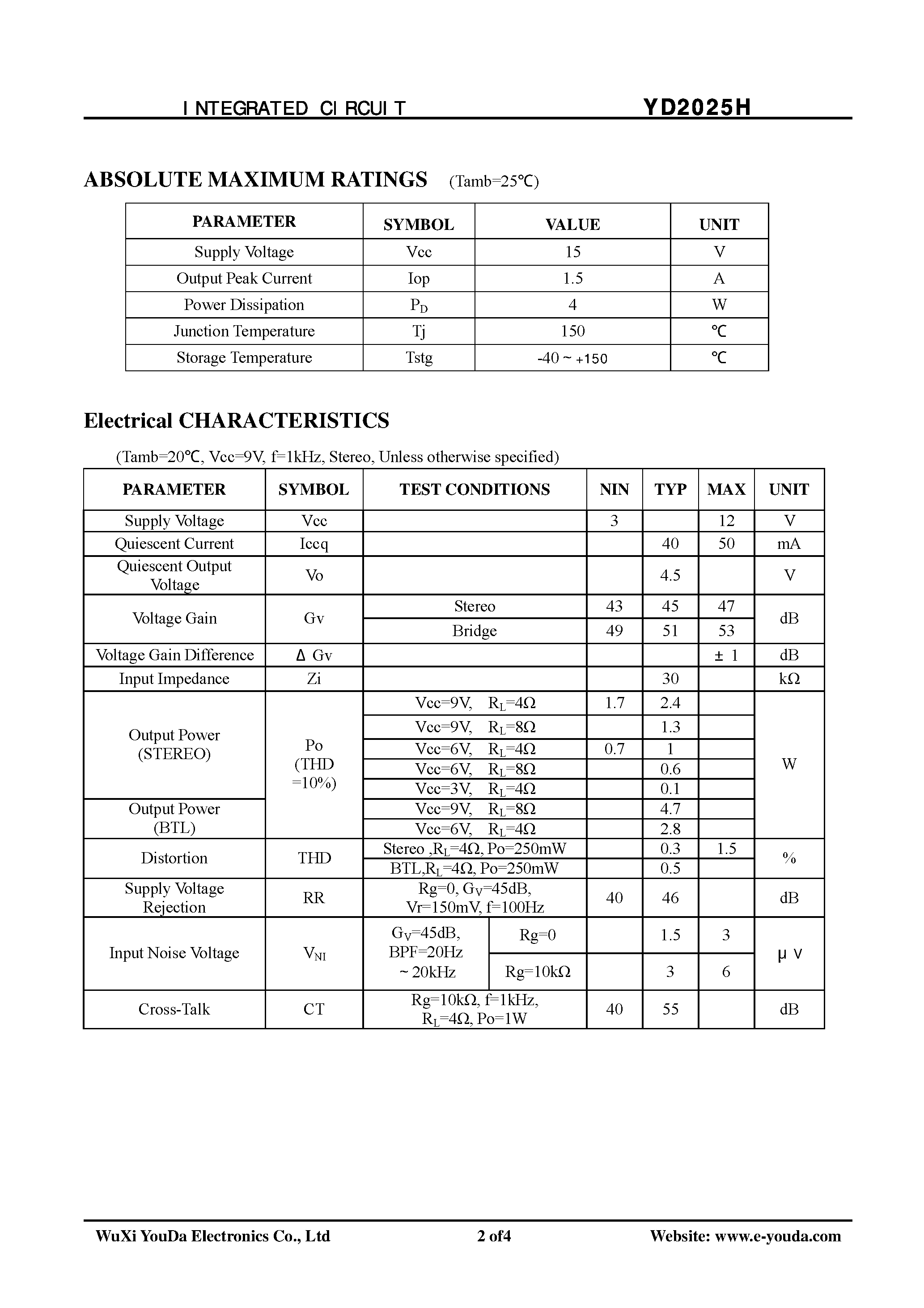 Datasheet YD2025H - 2.4W Stereo Audio Amplifier page 2