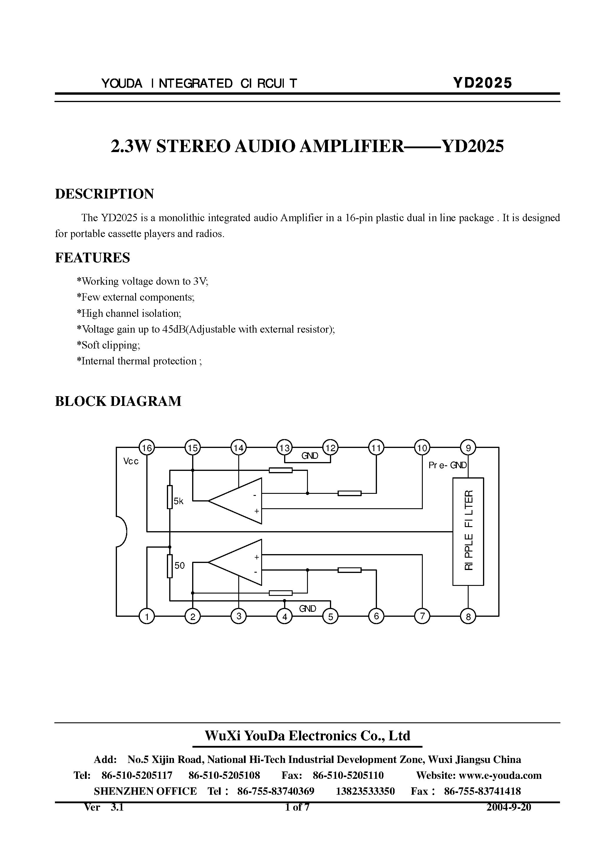 Datasheet YD2025 - 2.3W Stereo Audio Amplifier page 1