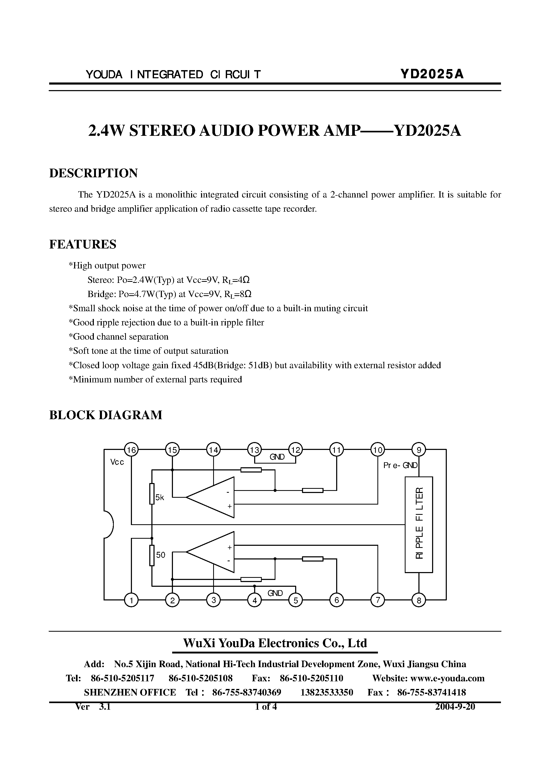 Даташит на микросхему YD2025A страница 1 Даташит YD2025A - 2.4W Stereo Audio Power Amplifier страница 1
