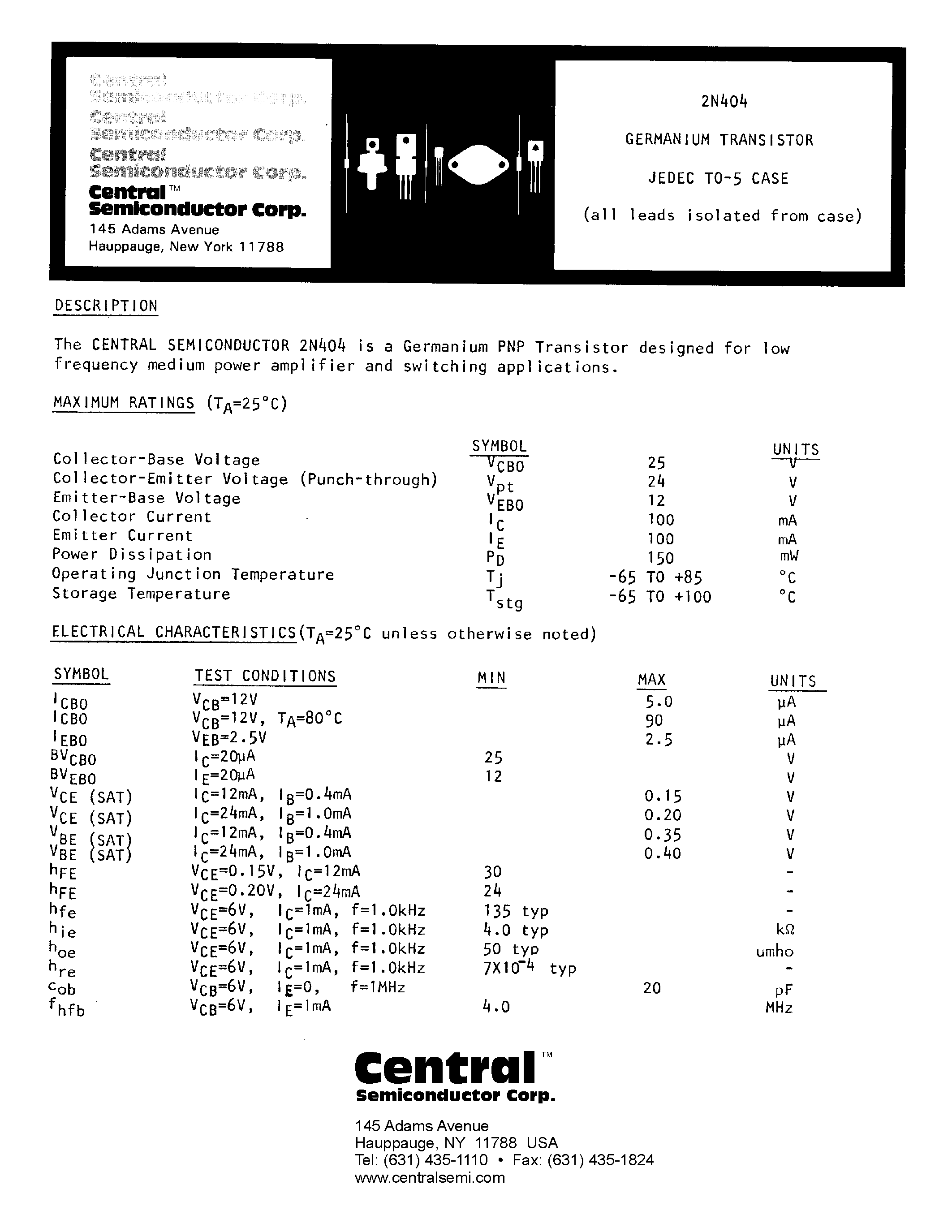 Datasheet 2N404 page 1 Datasheet 2N404 - Transistor page 1