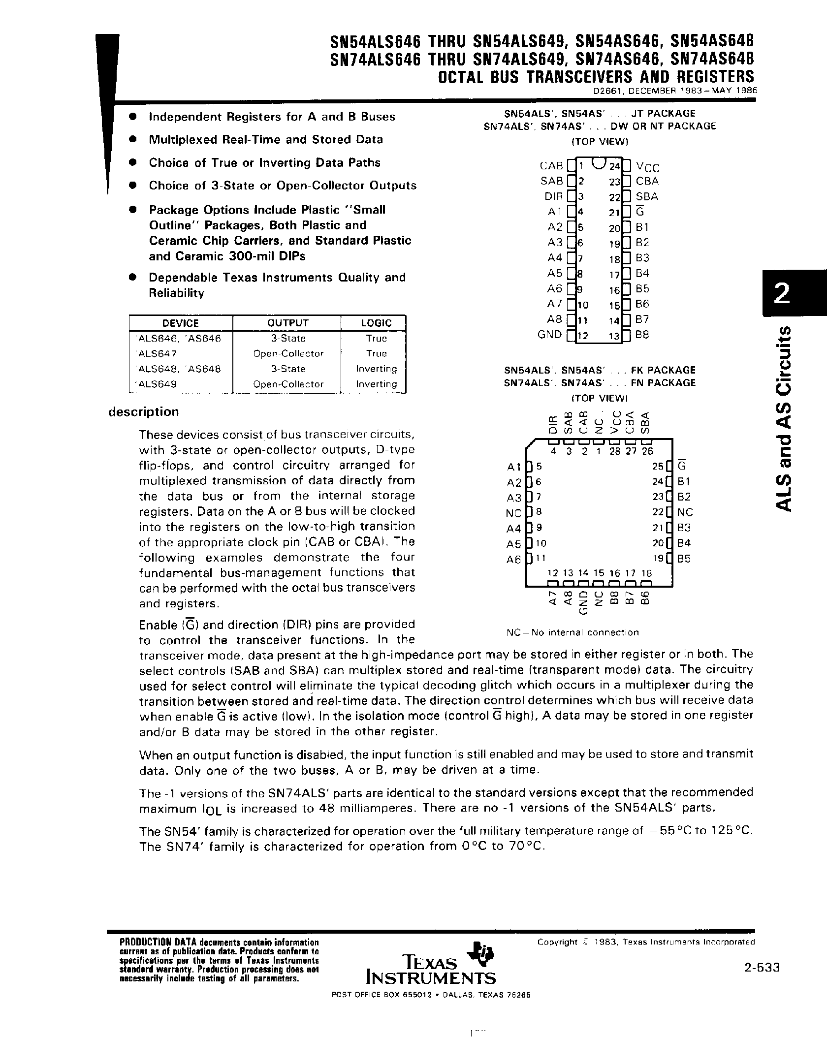 Datasheet SN74ALS649 page 1 Datasheet SN74ALS649 - Octal Bus Transceivers and Registers page 1