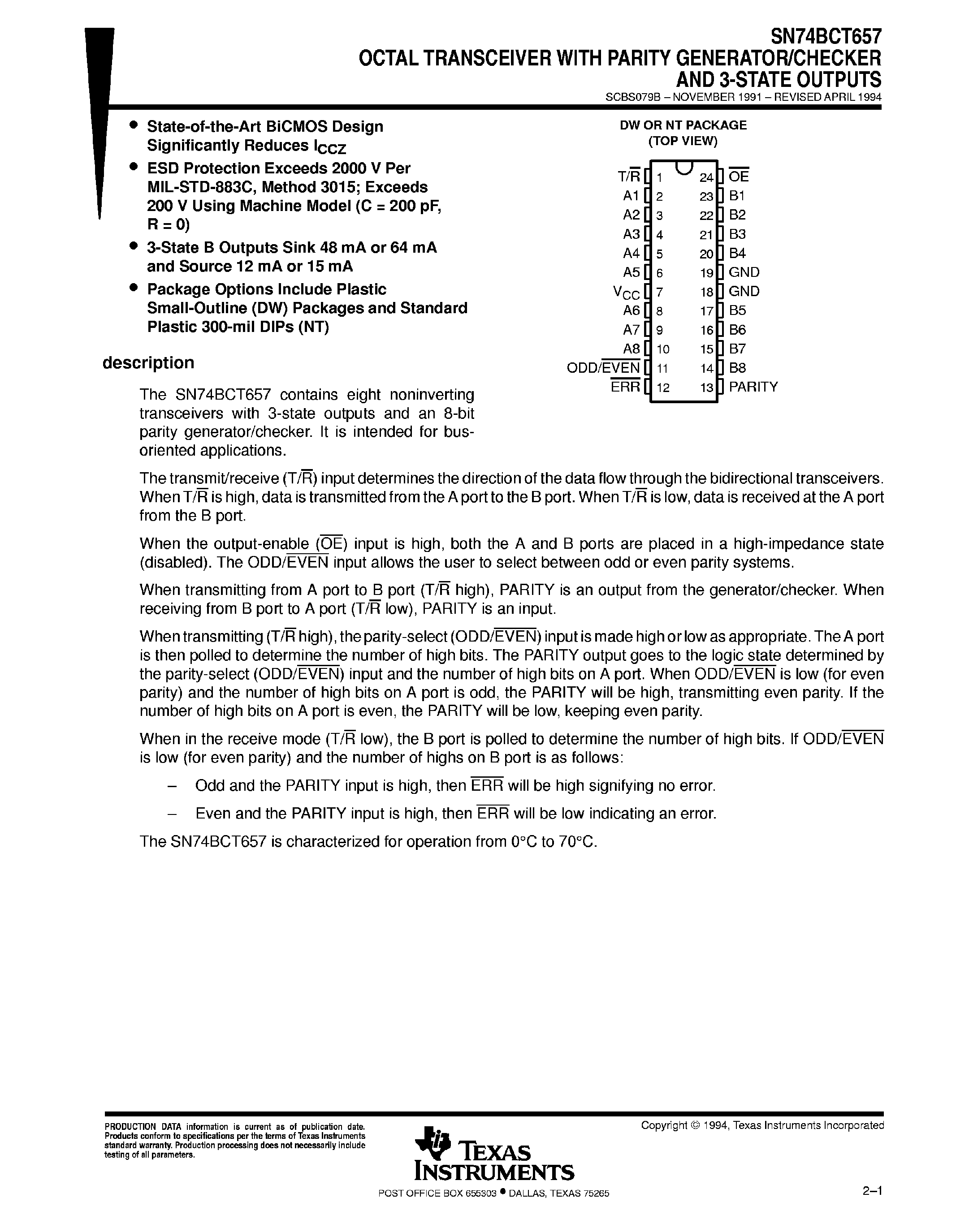 Datasheet SN74BCT657 page 1 Datasheet SN74BCT657 - Octal Transceiver with Parity Generator page 1