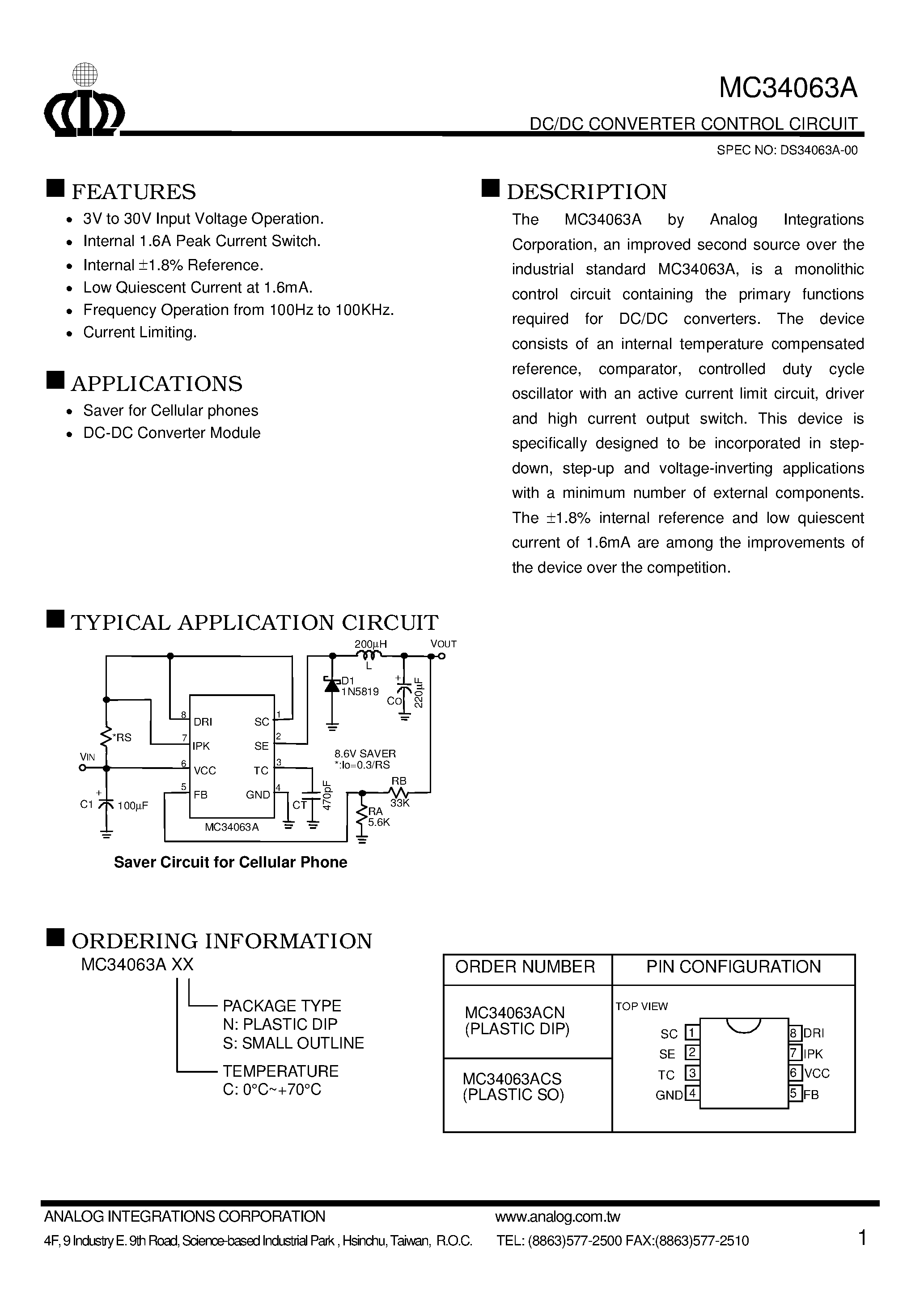 Datasheet MC34063A - DC/DC CONVERTER CONTROL CIRCUIT page 1
