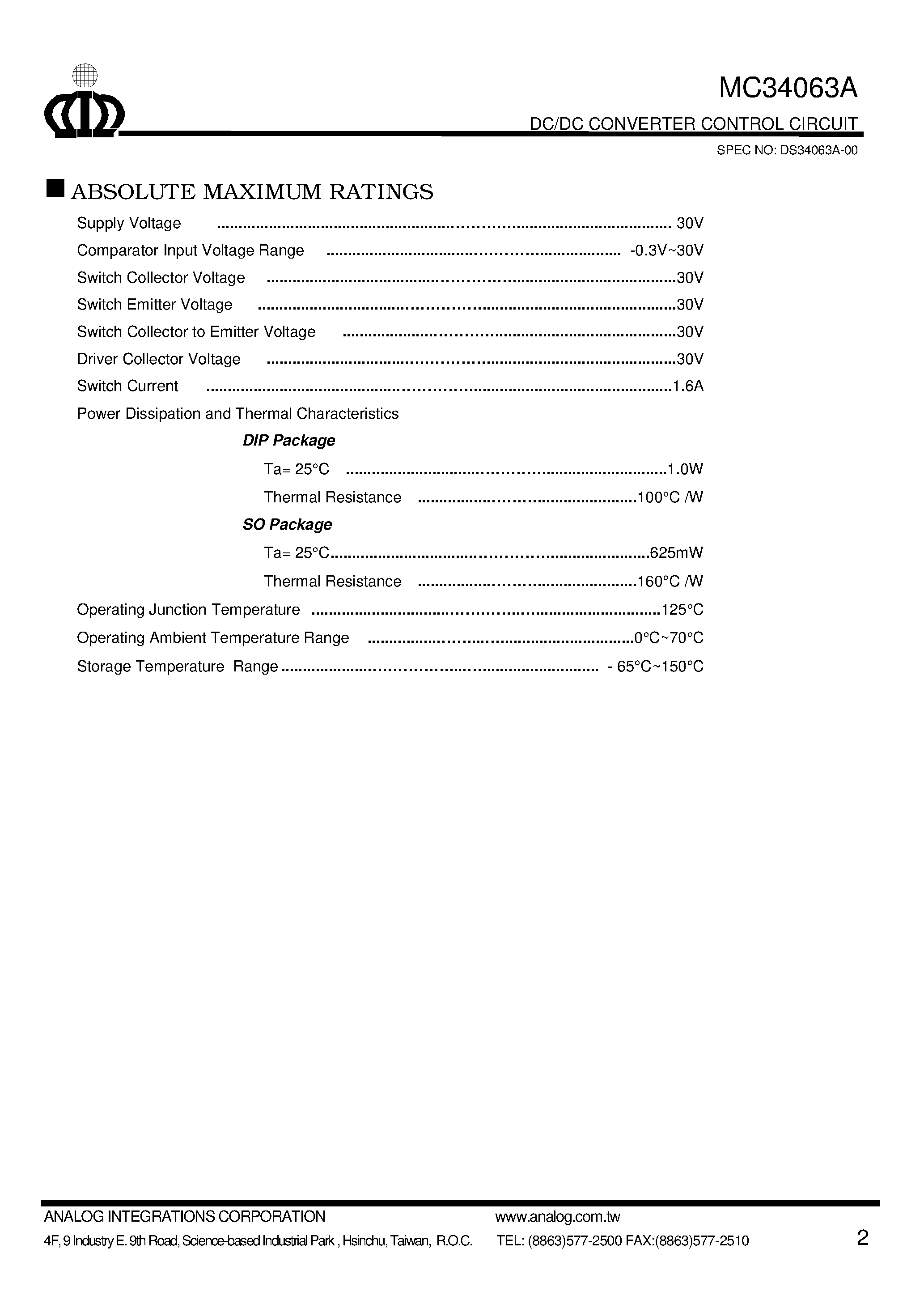 Datasheet MC34063A - DC/DC CONVERTER CONTROL CIRCUIT page 2