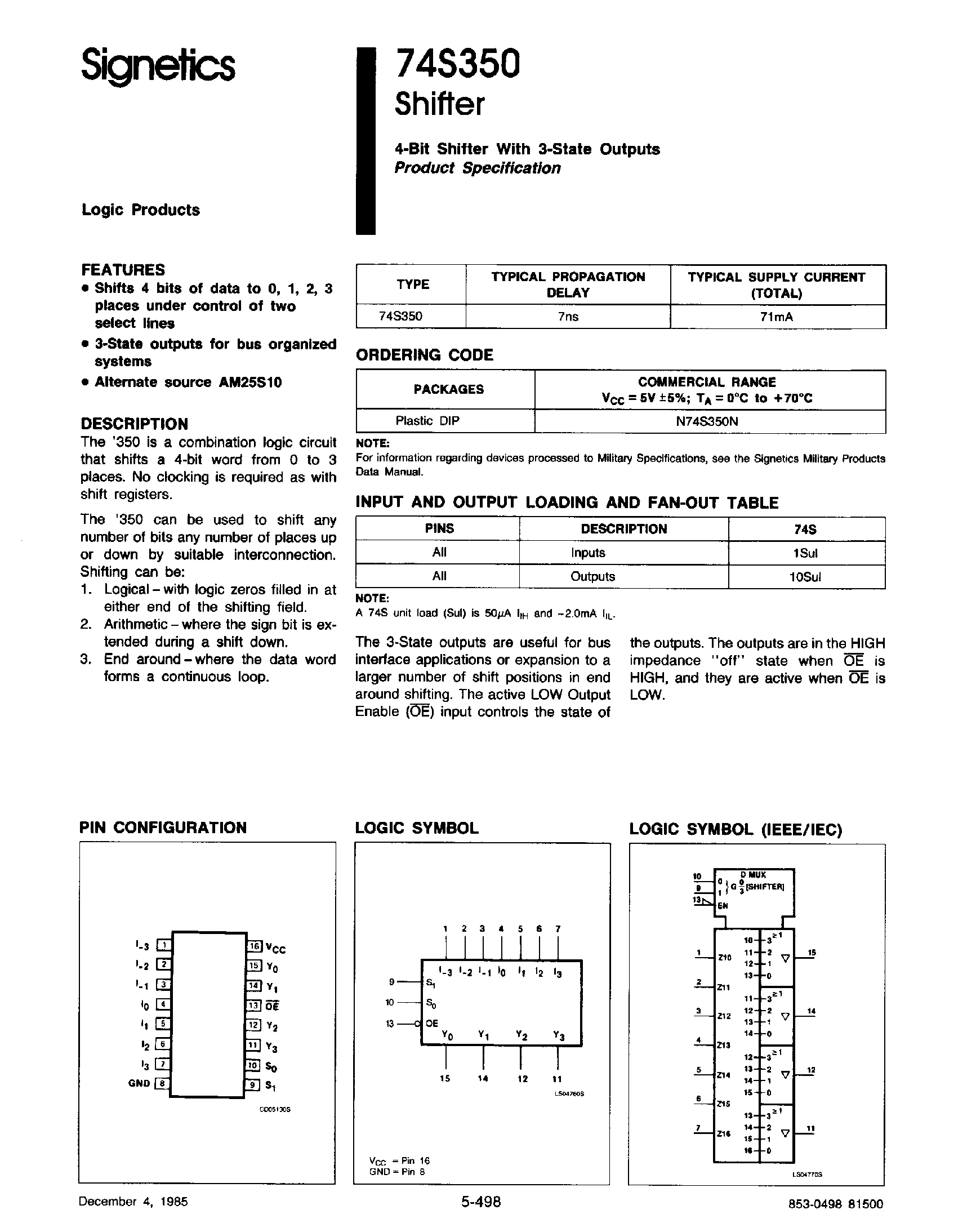 Datasheet 74S350 - 4 Bit Shifter with 3 State Outputs page 1