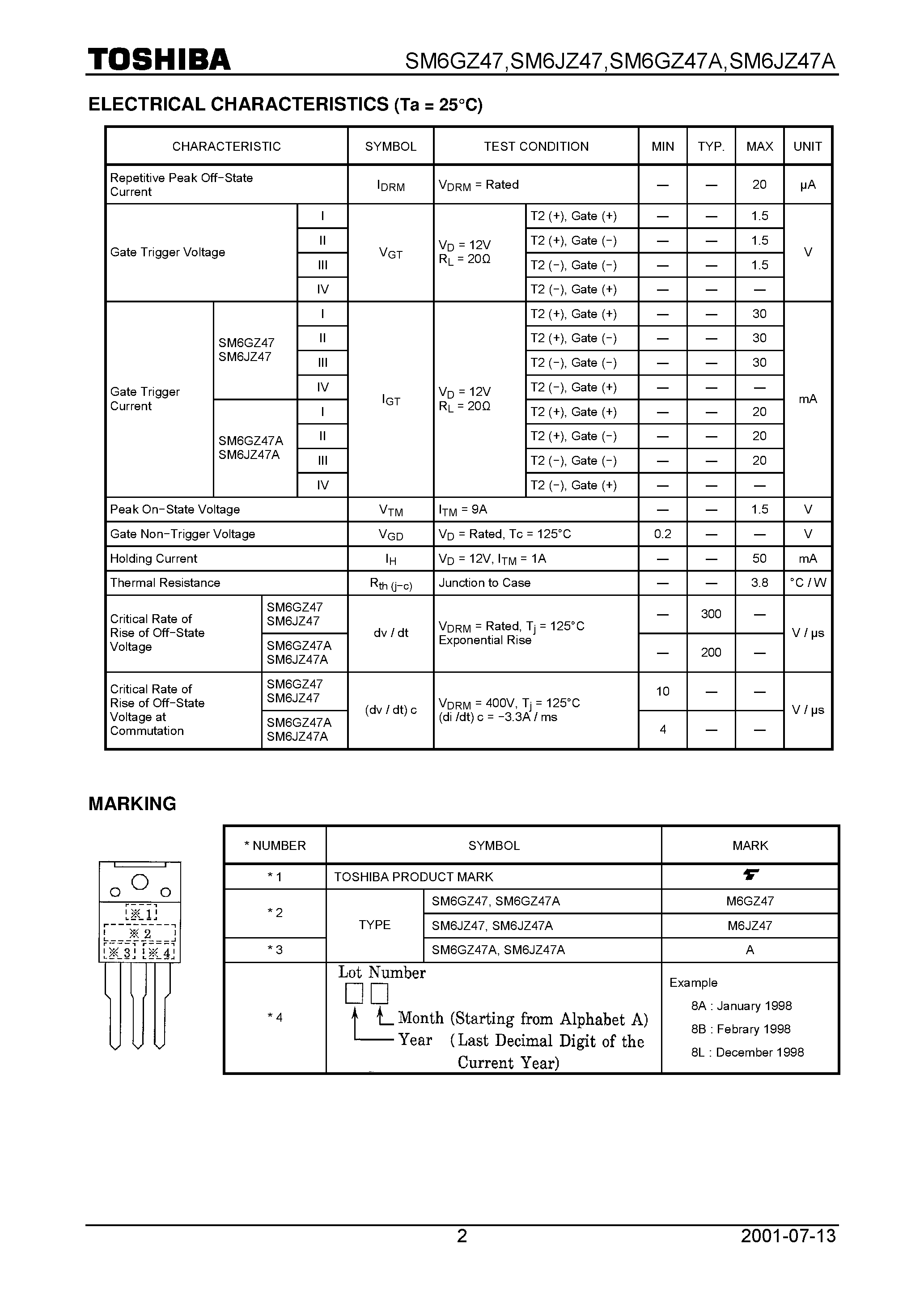 Datasheet SM6JZ47 page 2 Datasheet SM6JZ47 - TOSHIBA BI-DIRECTIONAL TRIODE THYRISTOR SILICON PLANAR TYPE page 2