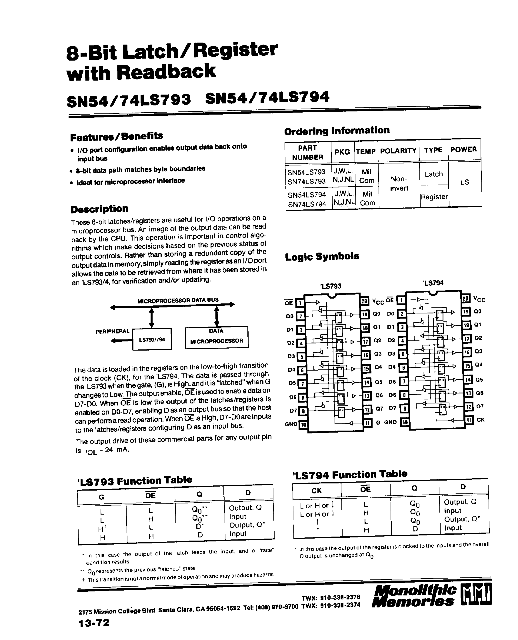 Даташит на микросхему 74LS794 страница 1 Даташит 74LS794 - 8 Bit Latch / Register with Readback страница 1