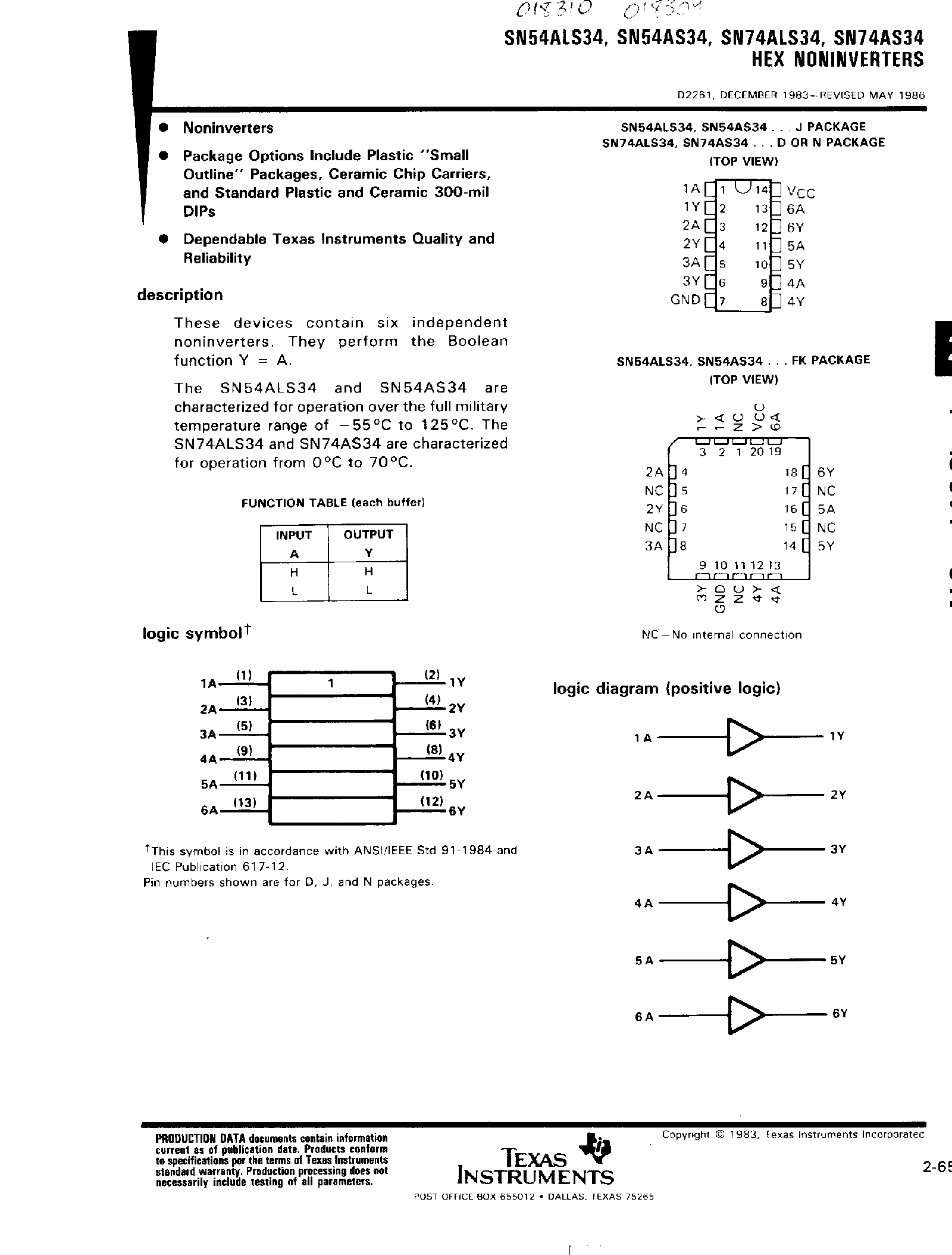 Datasheet SN74ALS34 page 1 Datasheet SN74ALS34 - Hex Noninverters page 1