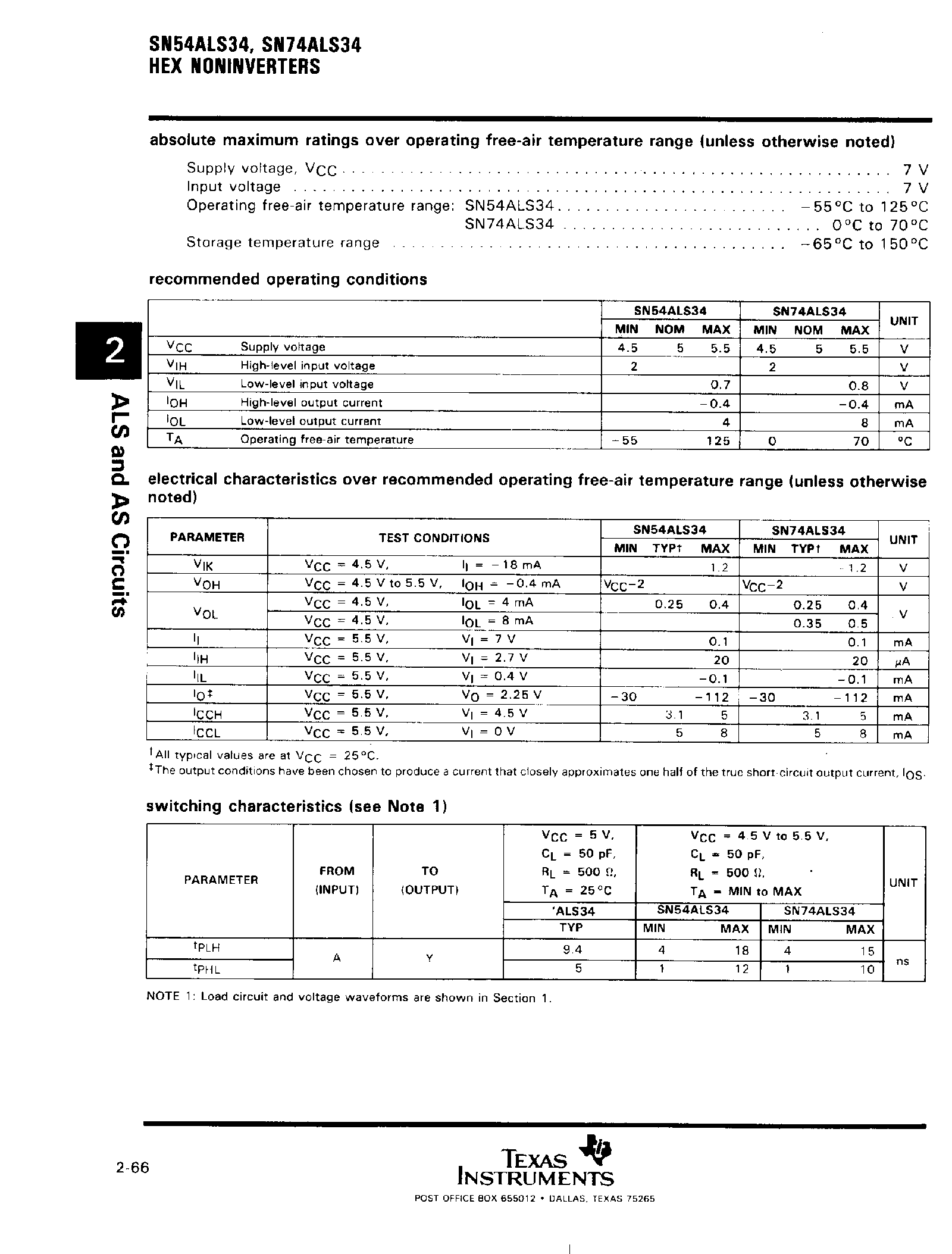 Datasheet SN74ALS34 page 2 Datasheet SN74ALS34 - Hex Noninverters page 2