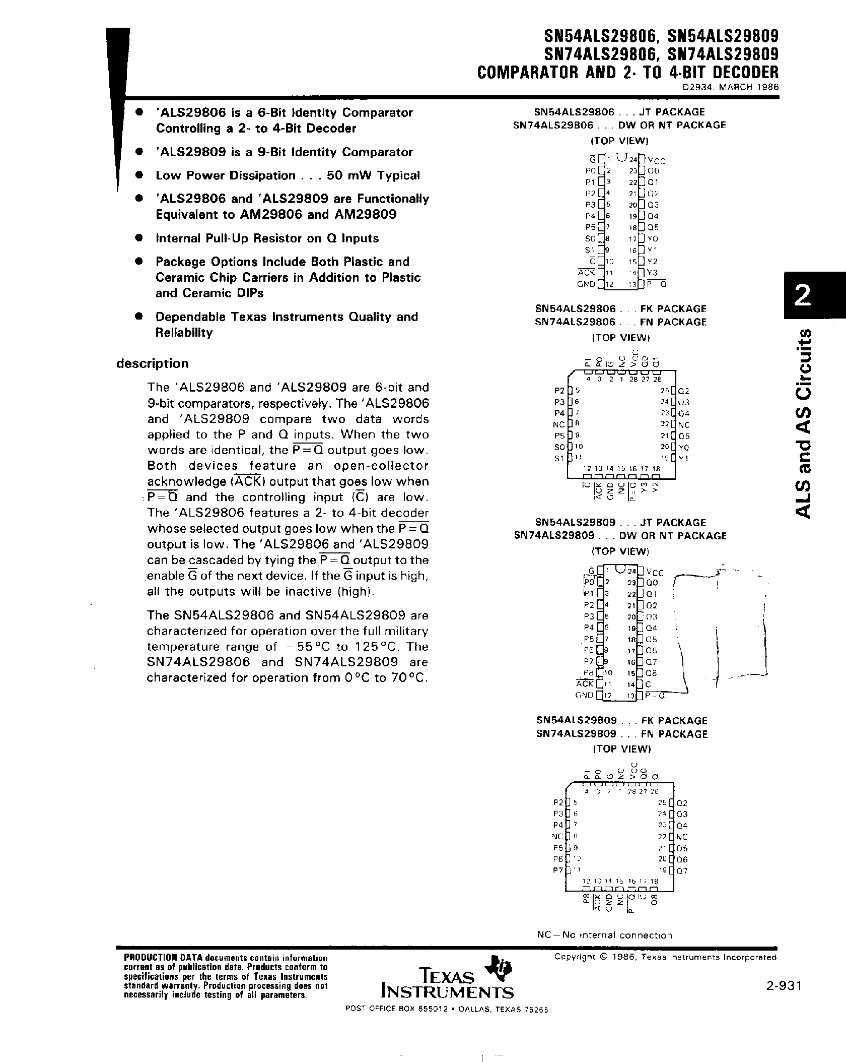Datasheet SN74ALS29806 page 1 Datasheet SN74ALS29806 - (SN74ALS29809) Comparator and 2 to 4 Bit Decoder page 1