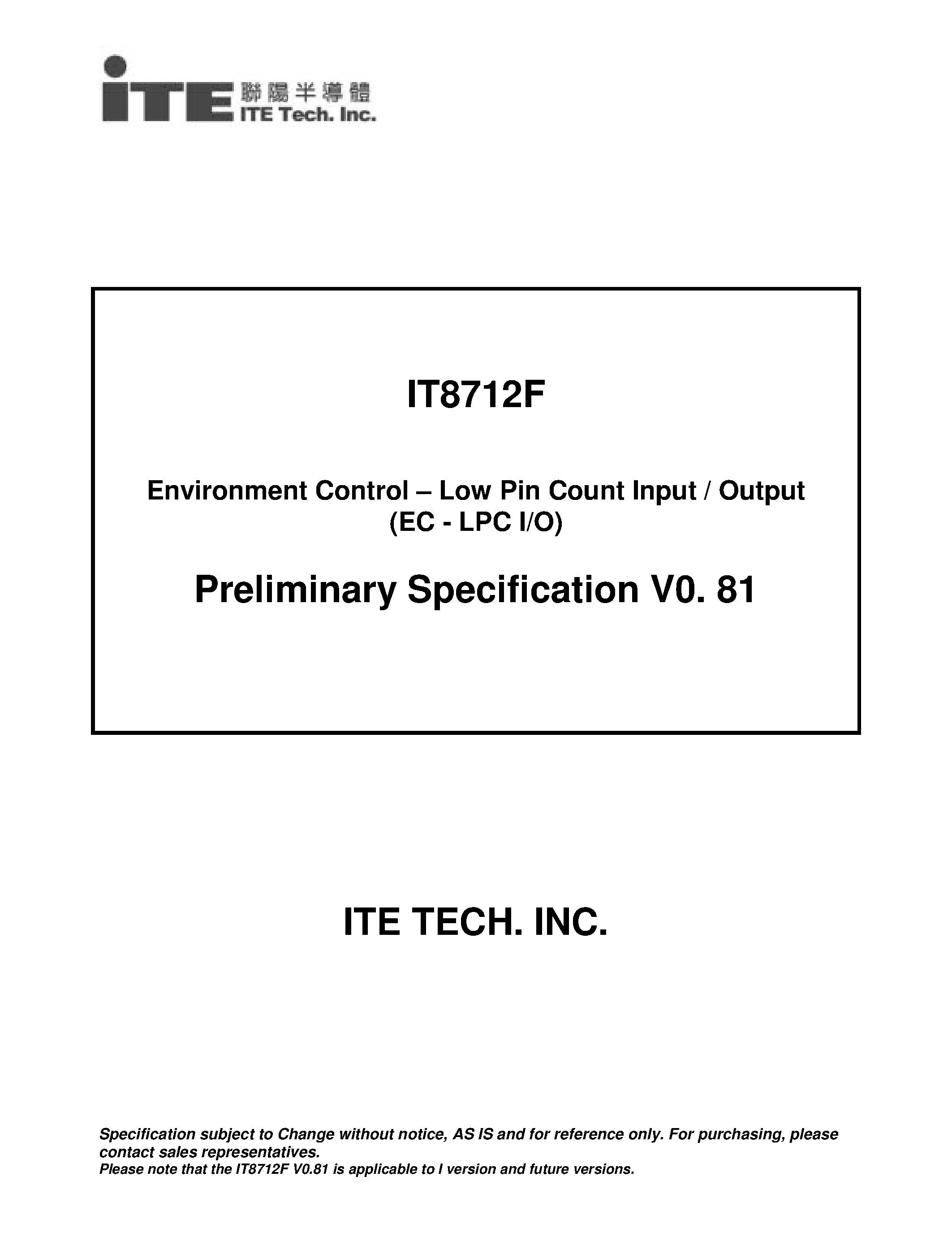 Даташит IT8712F - EC-LPC I/O страница 1