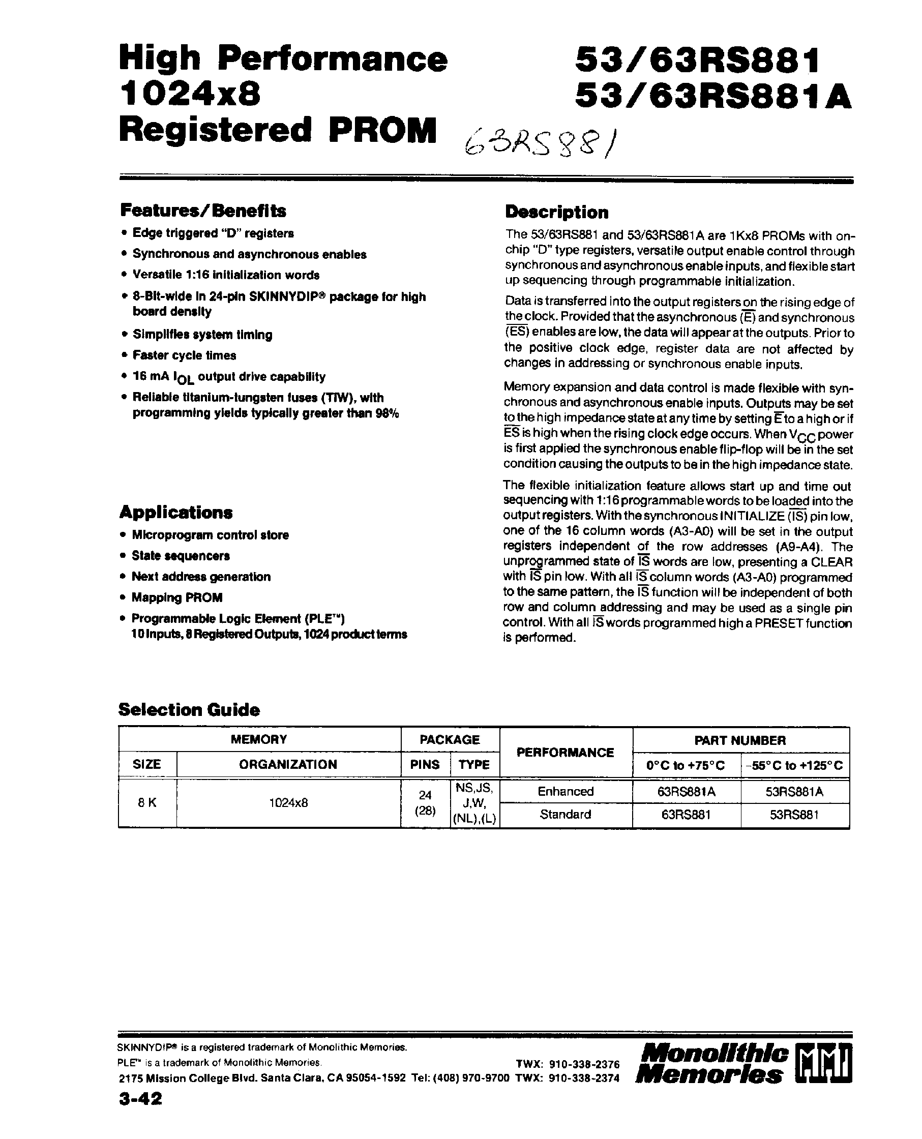 Datasheet 63RS881 - High Performance 1024 x 8 Registered PROM page 1