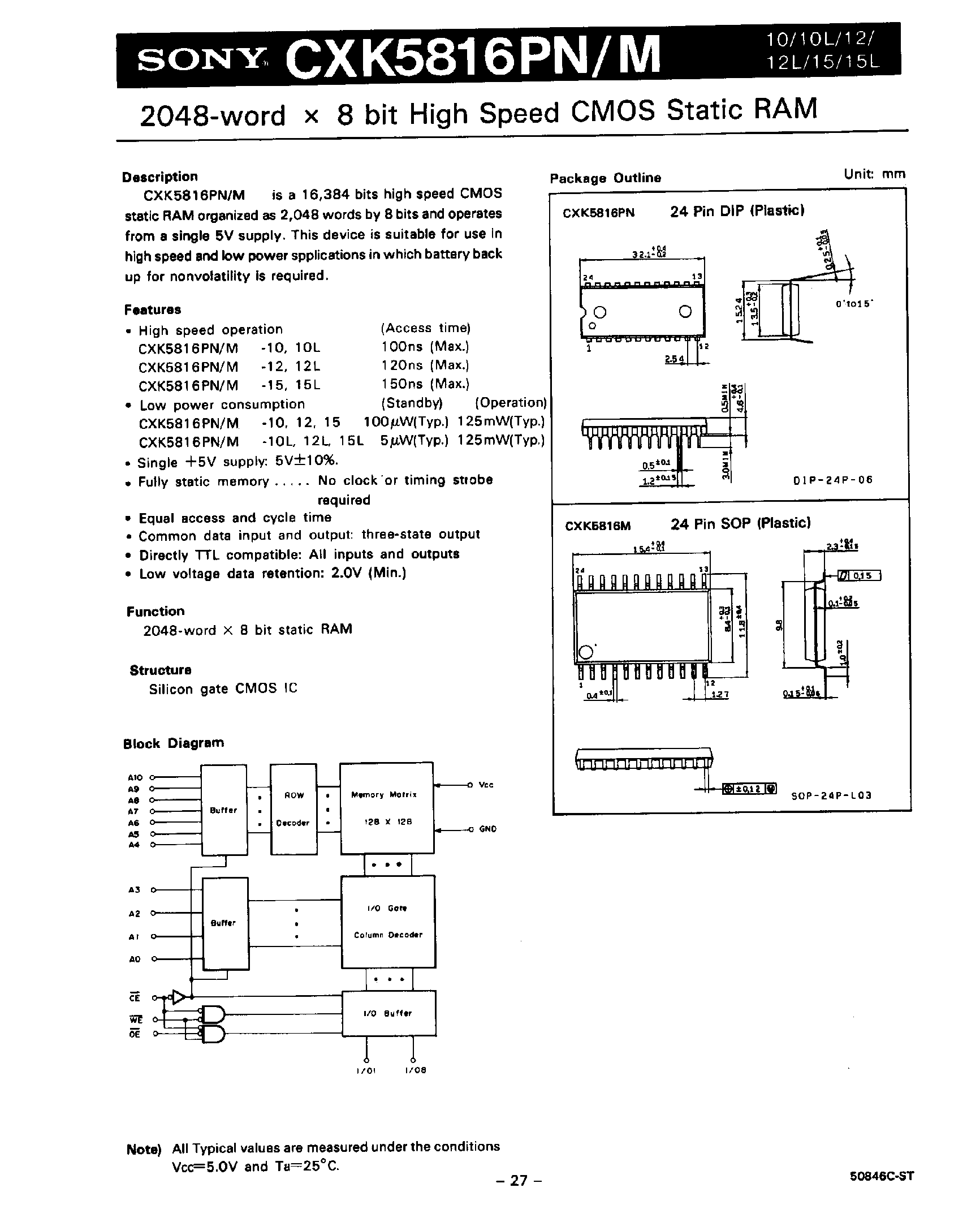 Datasheet CXK5816 - 2048 word x 8 Bit High Speed CMOS Static RAM page 1