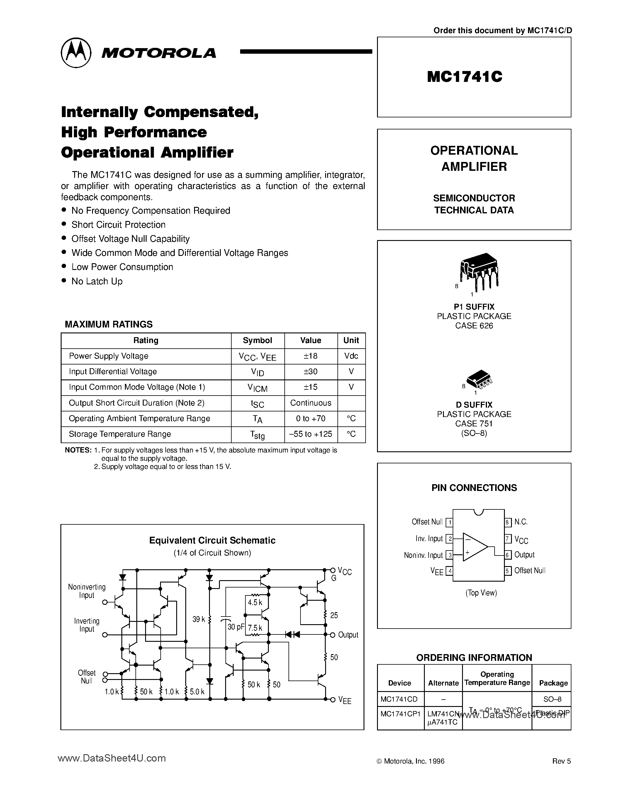 Datasheet MC1741C page 1 Datasheet MC1741C - OPERATIONAL AMPLIFIER page 1