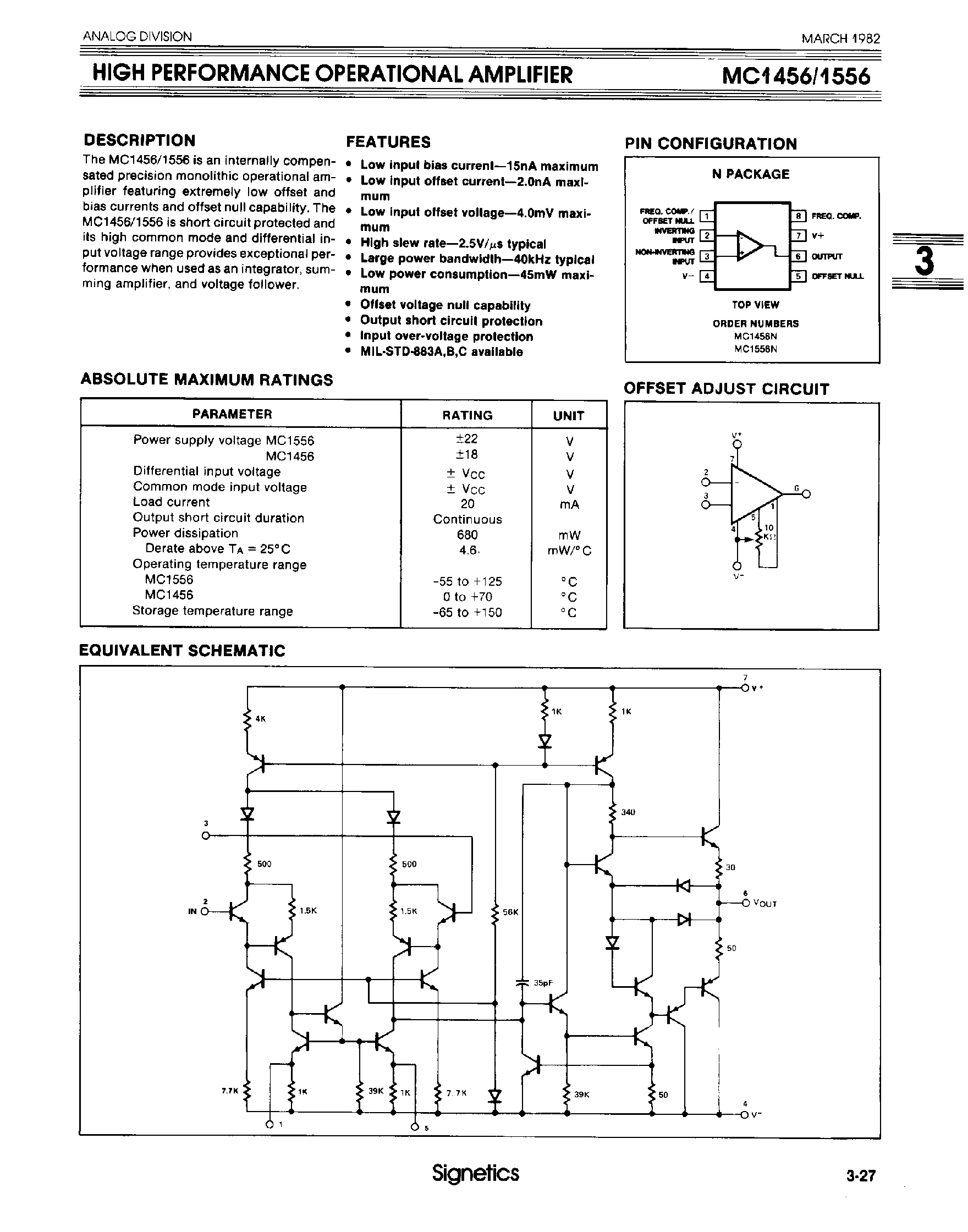 Datasheet MC1456 page 1 Datasheet MC1456 - High Performance Operational Amplifier page 1