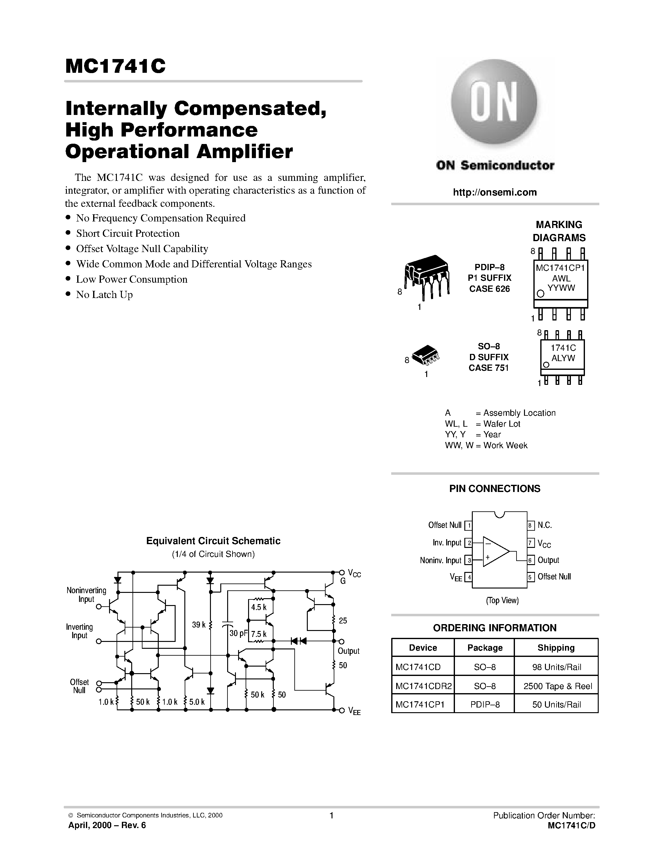Datasheet MC1471C page 1 Datasheet MC1471C - Internally Compensated / High Performance Operational Amplifier page 1