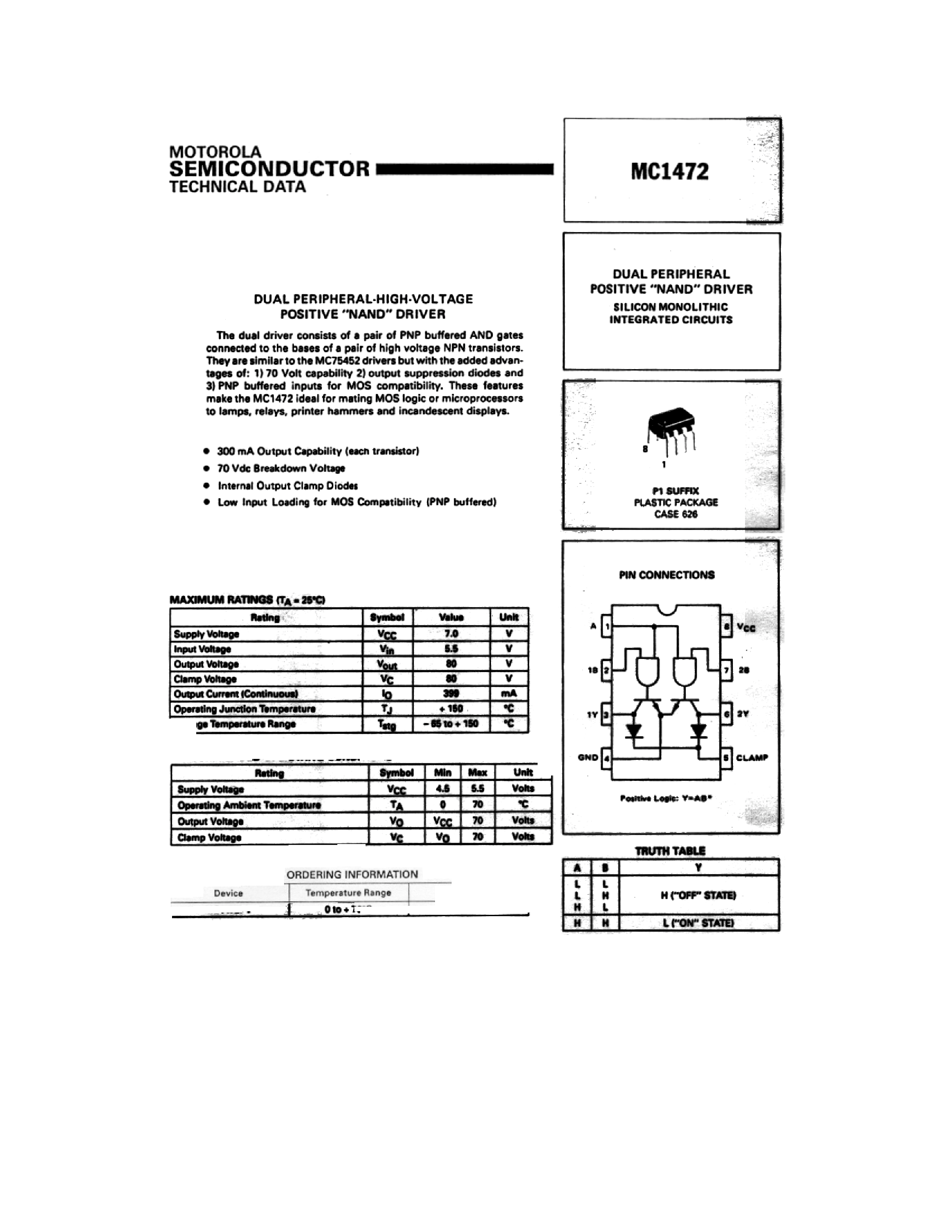 Datasheet MC1472 - DUAL PERIPHERAL-HIGH-VOLTAGE POSITIVE NAND DRIVER page 1