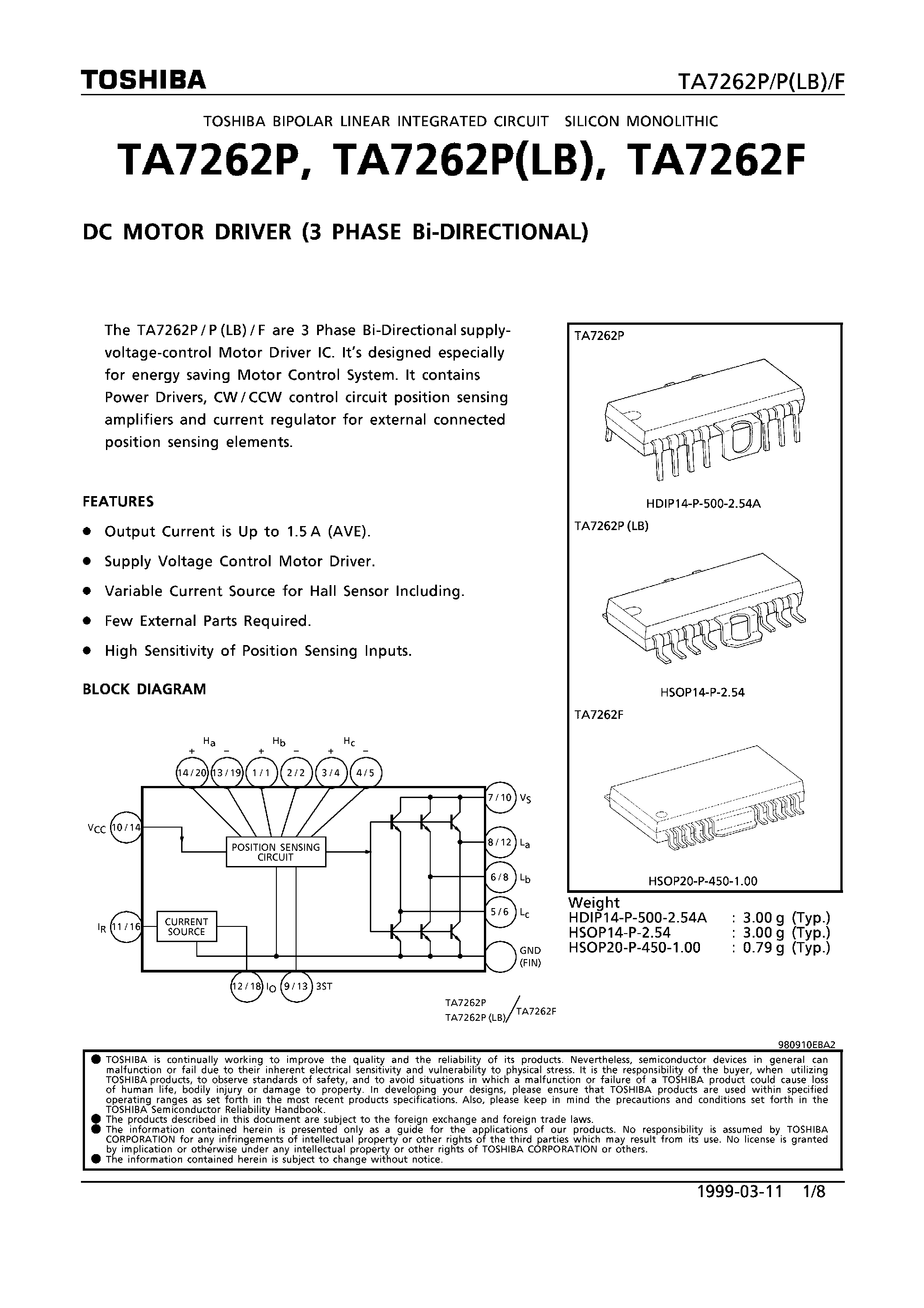 Datasheet TA7262 - DC MOTOR DRIVER (3 PHASE Bi-DIRECTIONAL) page 1