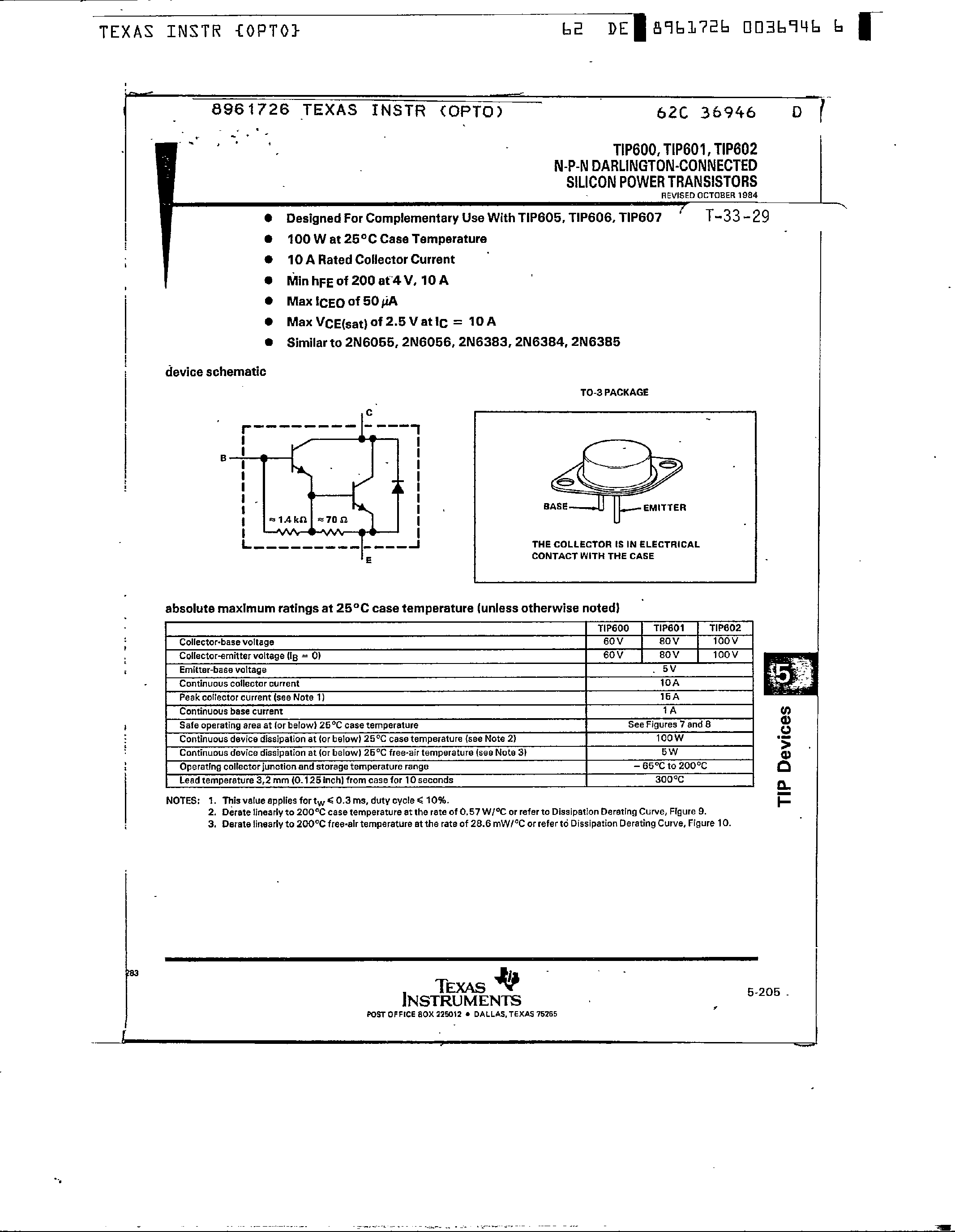 Datasheet TIP600 page 1 Datasheet TIP600 - NPN Darlington Connected Silicon Power Transistors page 1
