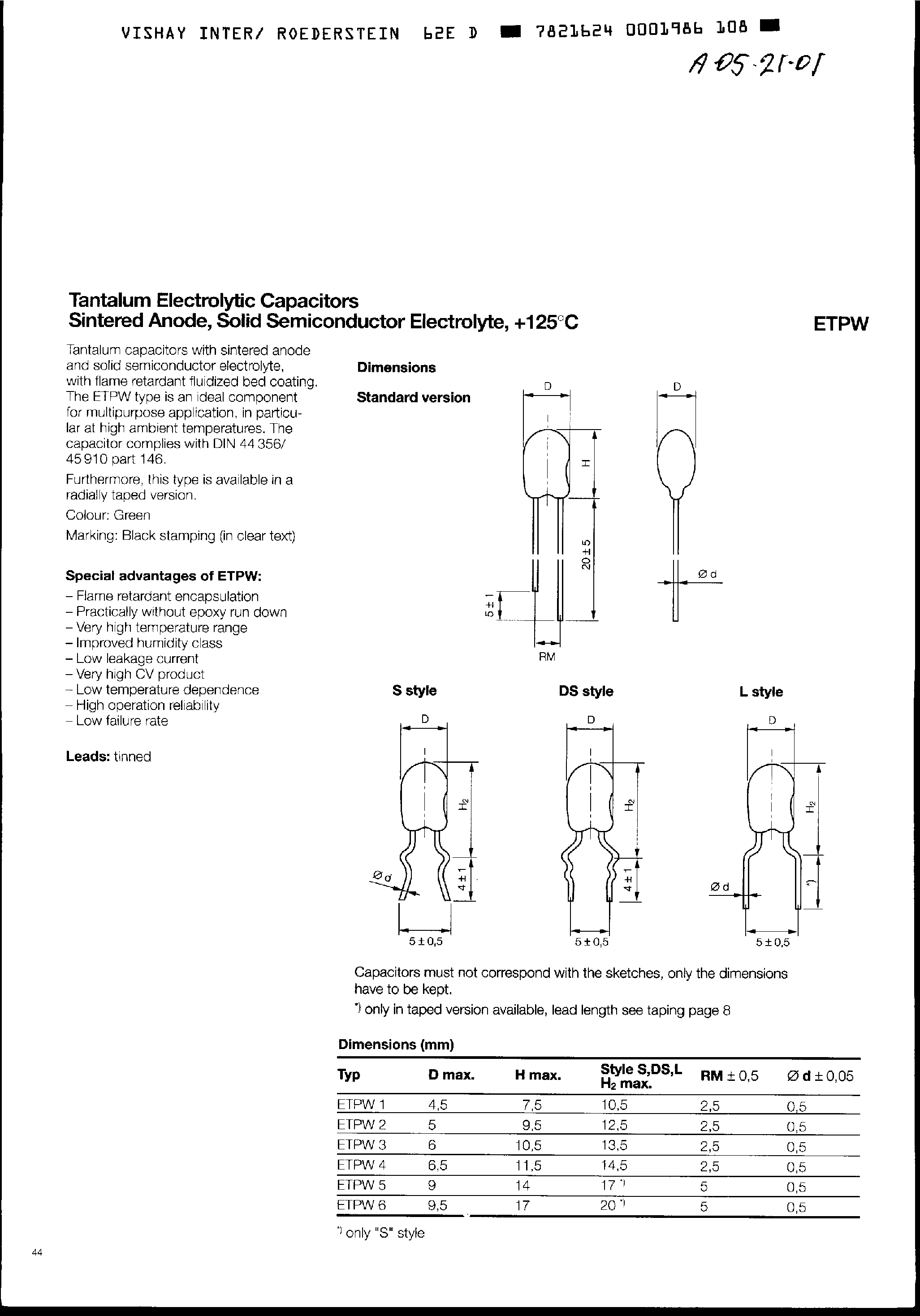 Datasheet P4C104xxx - Tantalum Electrolytic Capacitors page 1