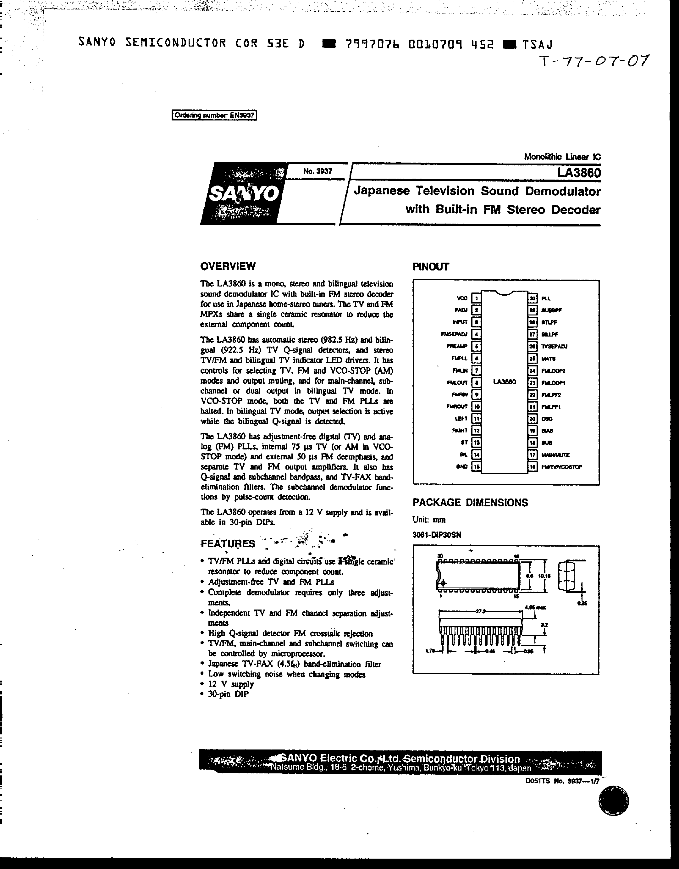 Даташит LA3860 - Japanese TV Sound Demodulator with Bult-In FM Stereo Decoder страница 1