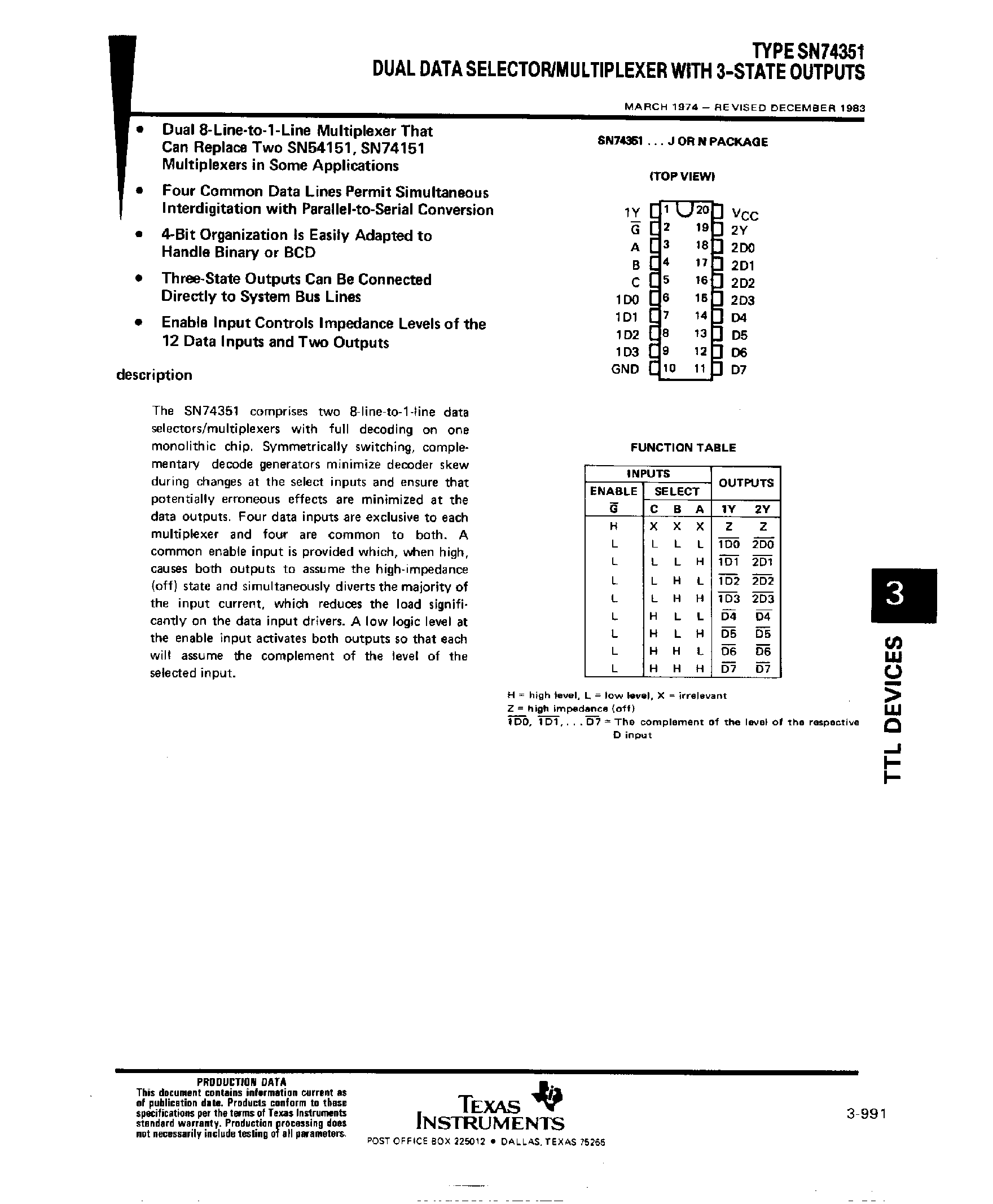Datasheet SN74351 - Dual Data Selector / Multiplexer with 3 State Outputs page 1