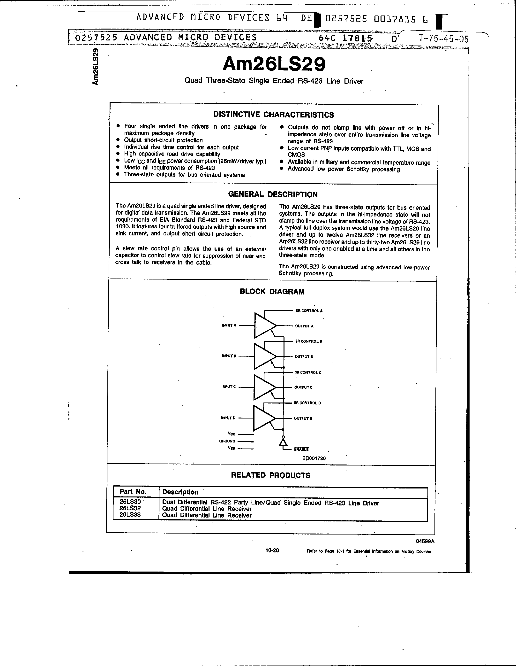 Datasheet AM26LS29 - Quad 3 State Single Ended RS-423 Line Driver page 1