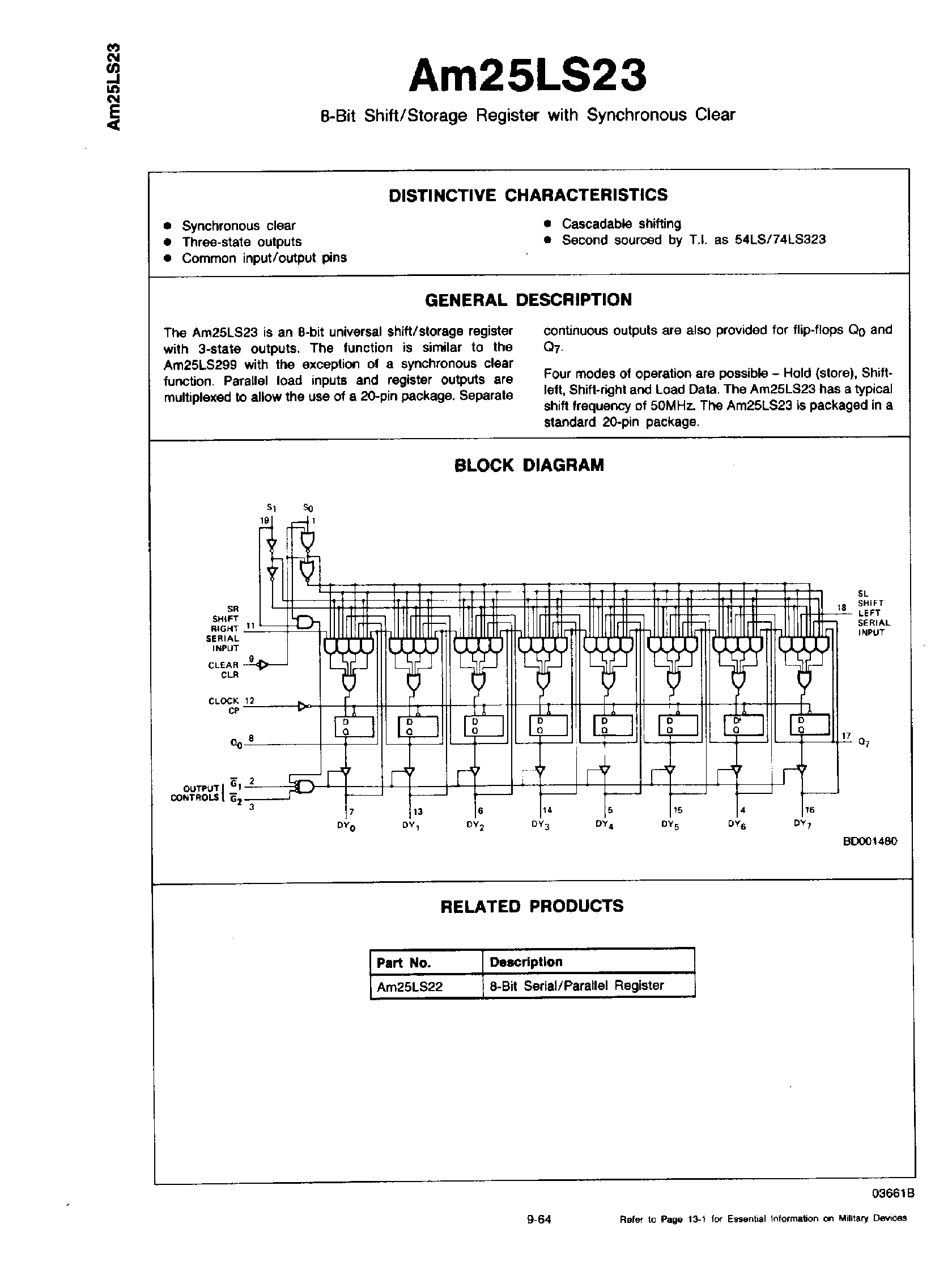 Datasheet AM25LS23 - 8 Bit Shift / Storage Register with Synchronous Clear page 1