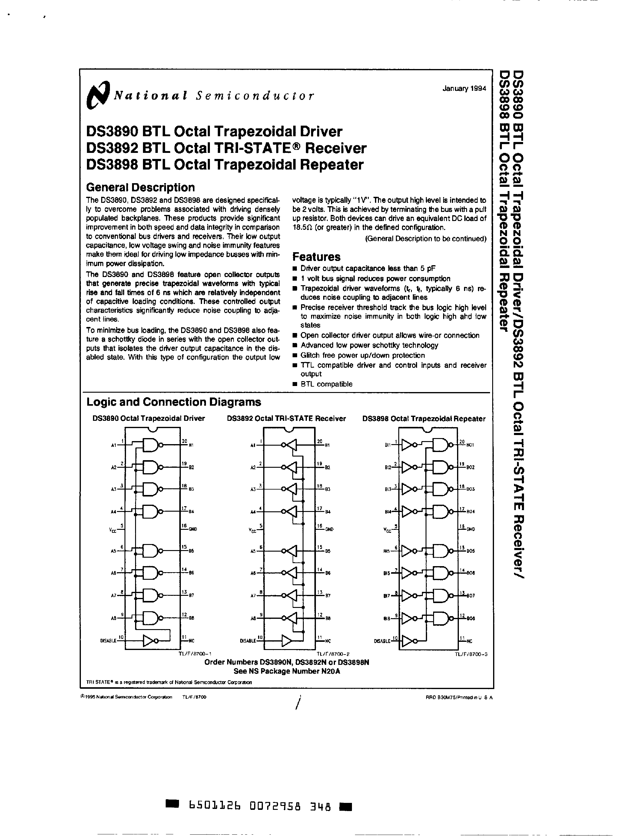 Datasheet DS3890 - (DS3892/DS3898) Octal 3 State Receiver page 1
