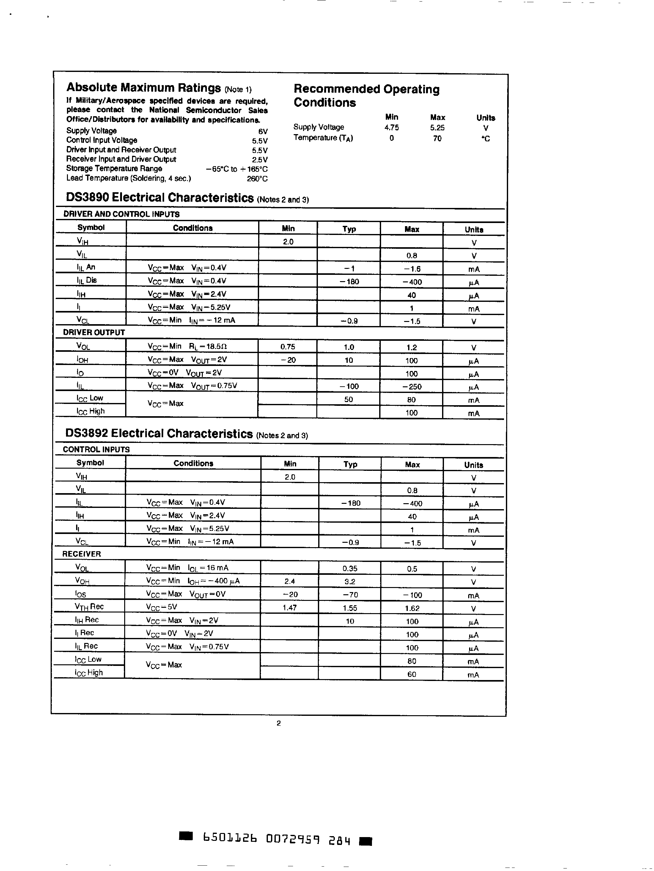 Datasheet DS3890 - (DS3892/DS3898) Octal 3 State Receiver page 2