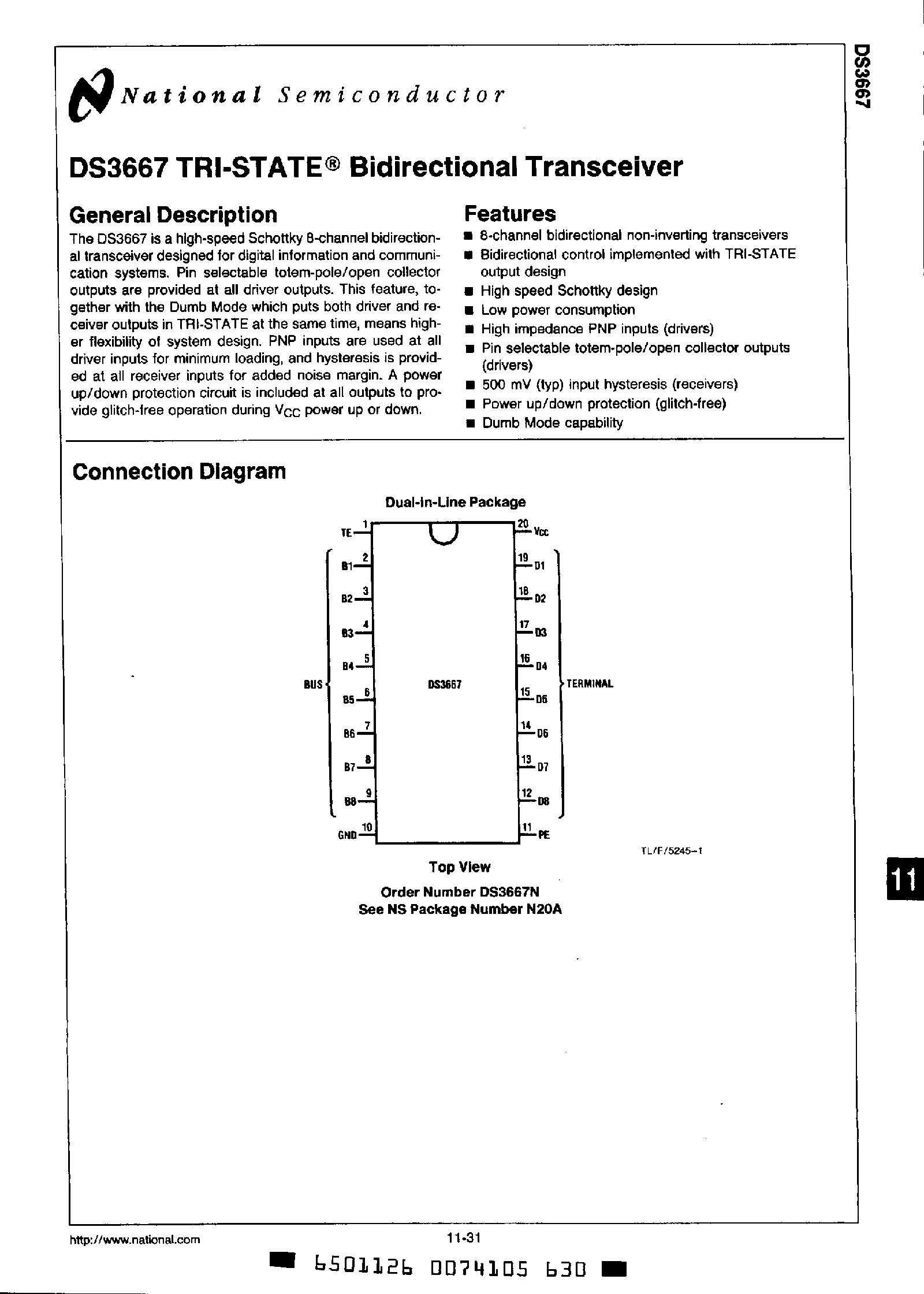 Datasheet DS3667 - 3 State Bidirectional Transceiver page 1
