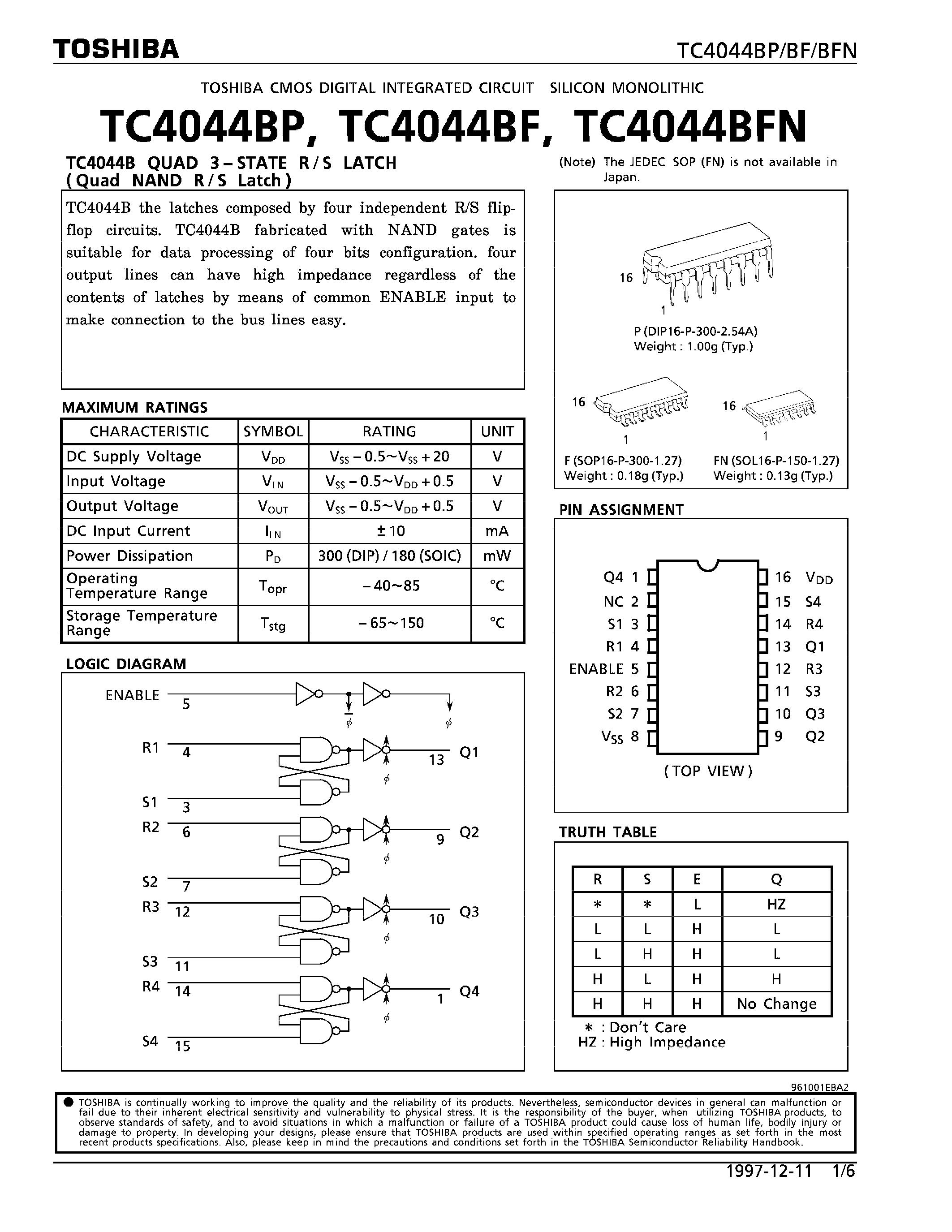 Datasheet TC4044 page 1 Datasheet TC4044 - QUAD 3-STATE R/S LATCH page 1